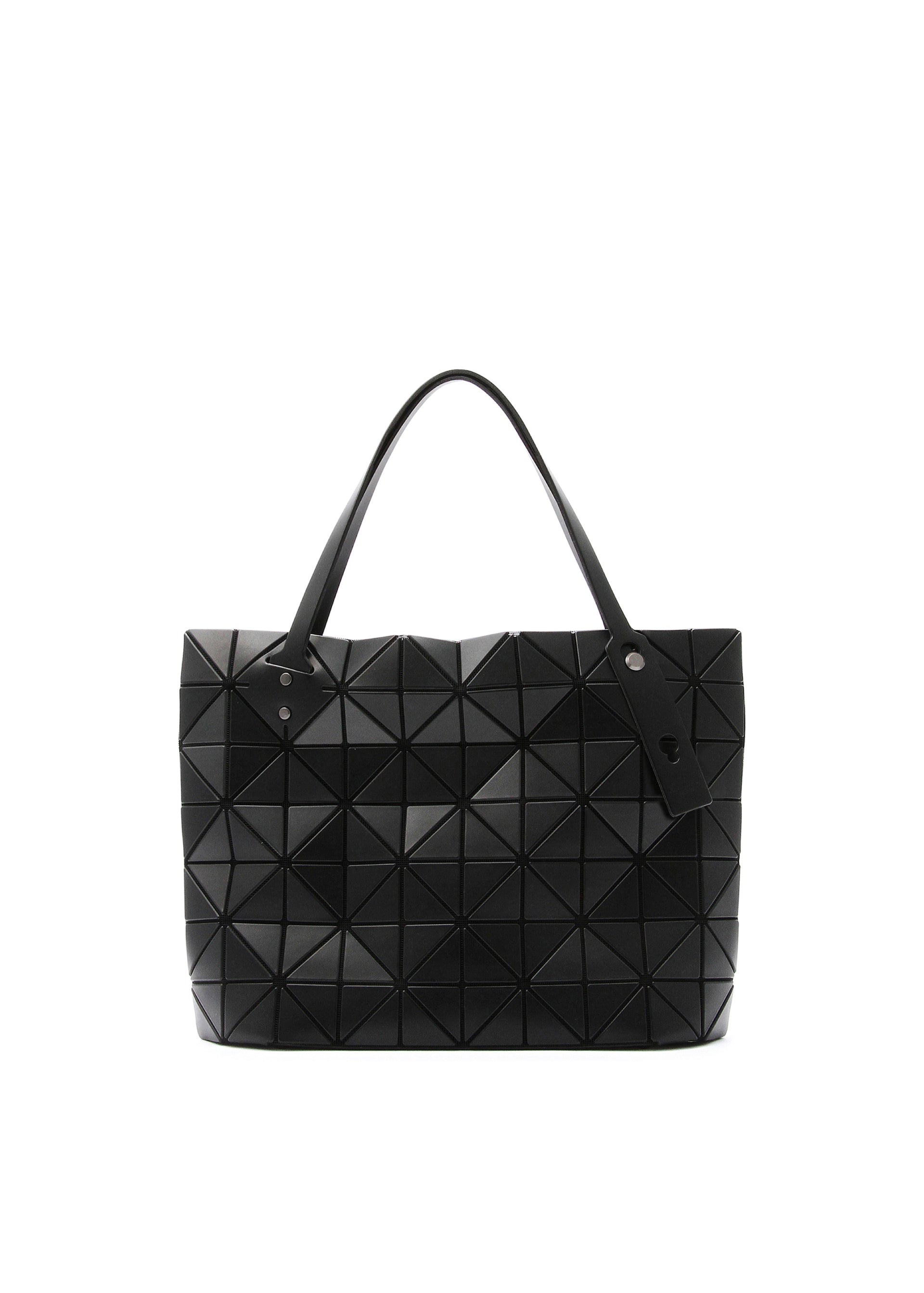 Zoomed view The ROCK MATTE tote by BAO BAO ISSEY MIYAKE features a black geometric triangular pattern, two flat handles, and a gusseted bottom, giving this sculptural handbag modern style and structure for your essentials. - MATTE BLACK (no.16)