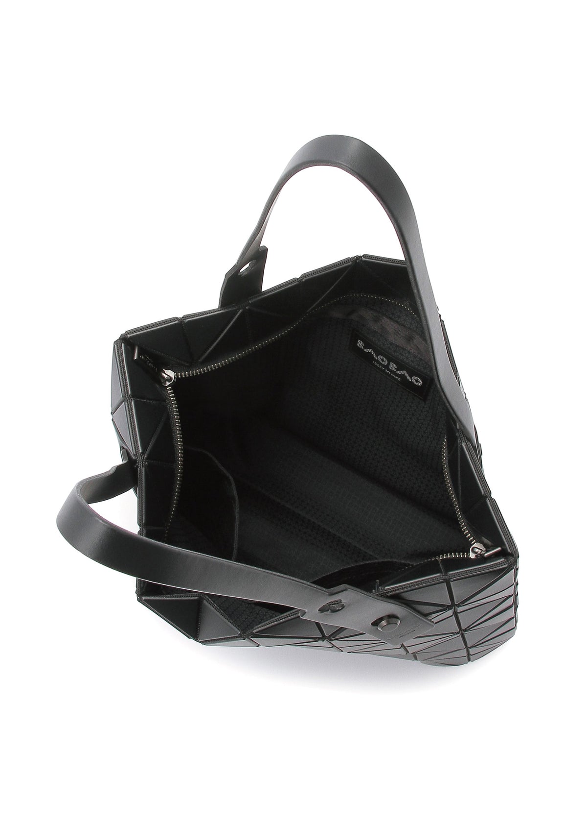 The ROCK MATTE by BAO BAO ISSEY MIYAKE is a black geometric handbag with two handles, a gusseted bottom, zippered inner pocket, and modern triangular design. It fits essentials and up to a 13-inch laptop. view 6 of 8