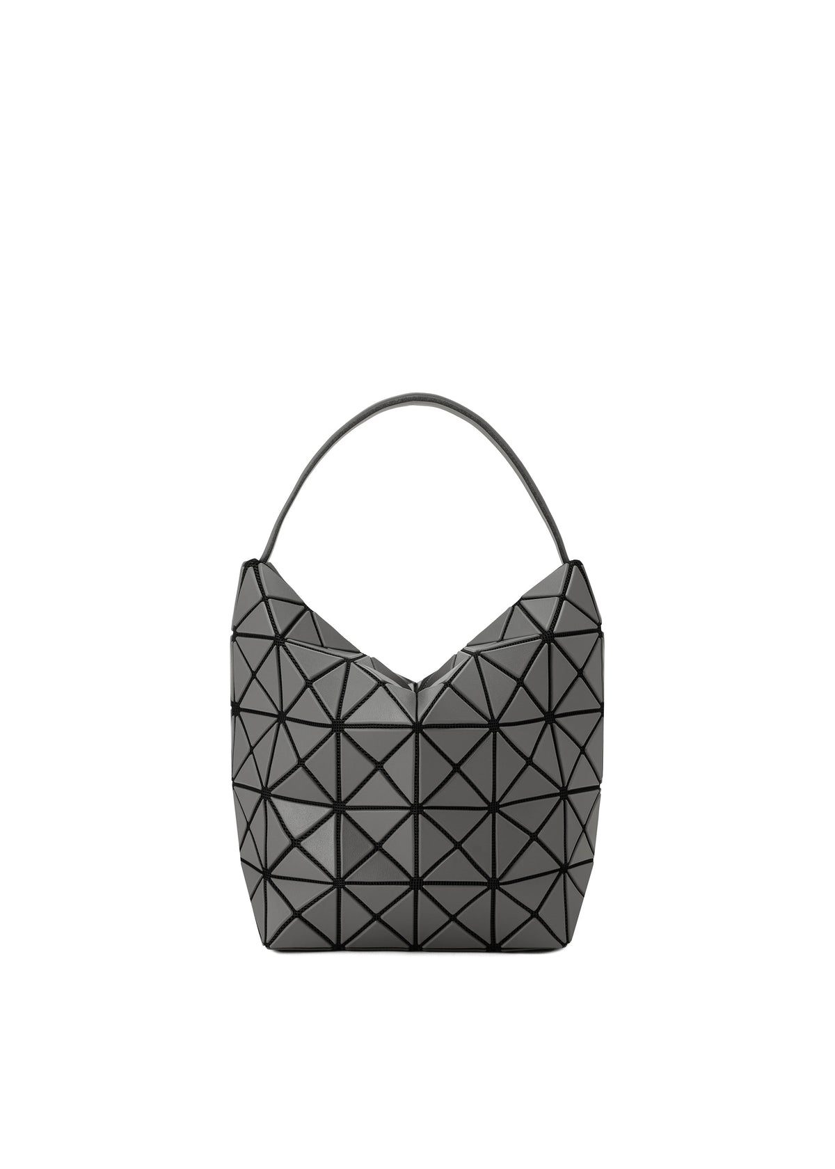 The VALLEY bag by BAO BAO ISSEY MIYAKE is a geometric, upright black bag with a single adjustable handle and a distinctive triangular grid pattern, shown against a plain white background. view 1 of 8