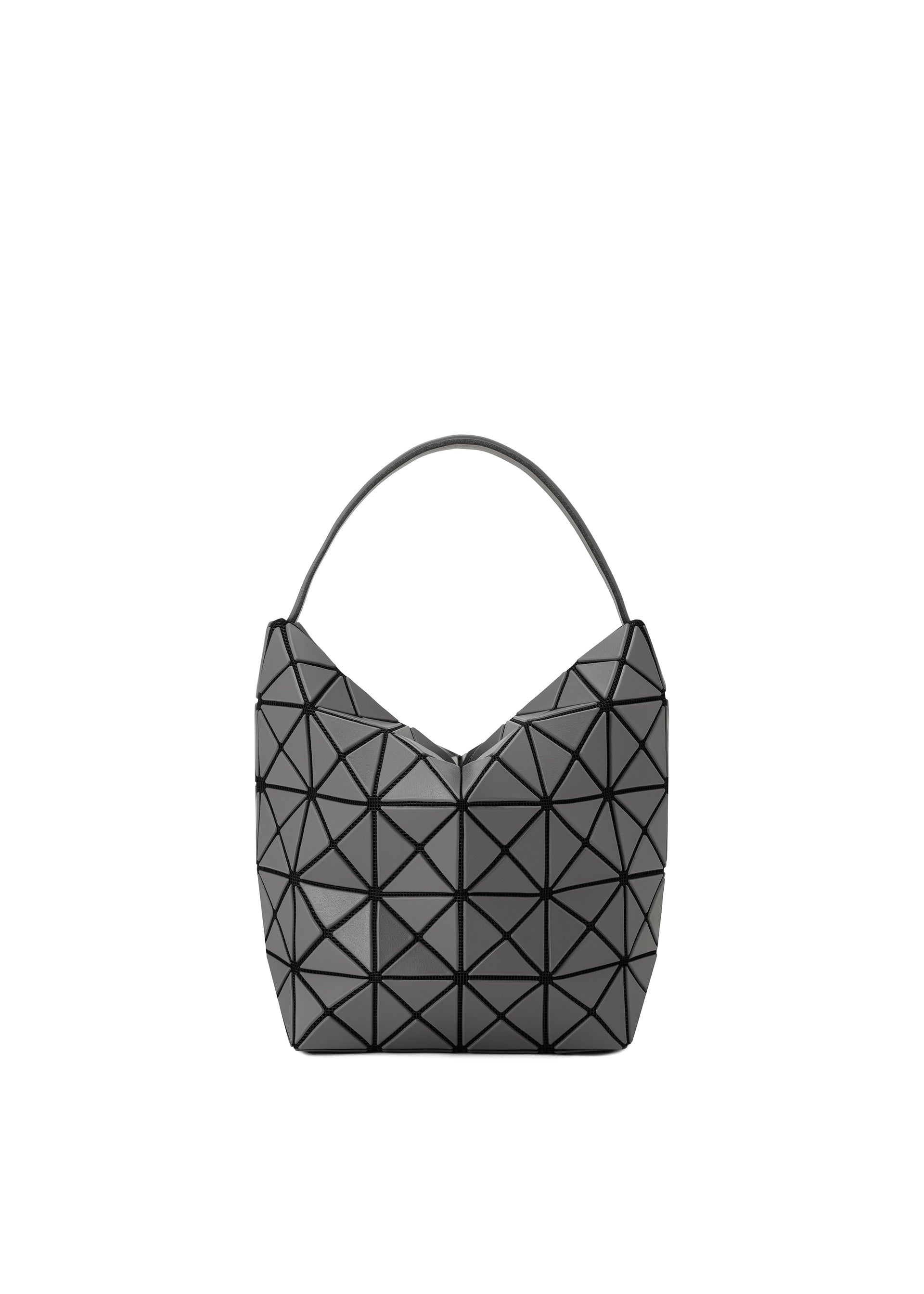 Zoomed view The VALLEY bag by BAO BAO ISSEY MIYAKE is a geometric, upright black bag with a single adjustable handle and a distinctive triangular grid pattern, shown against a plain white background. - CHARCOAL (no.18)