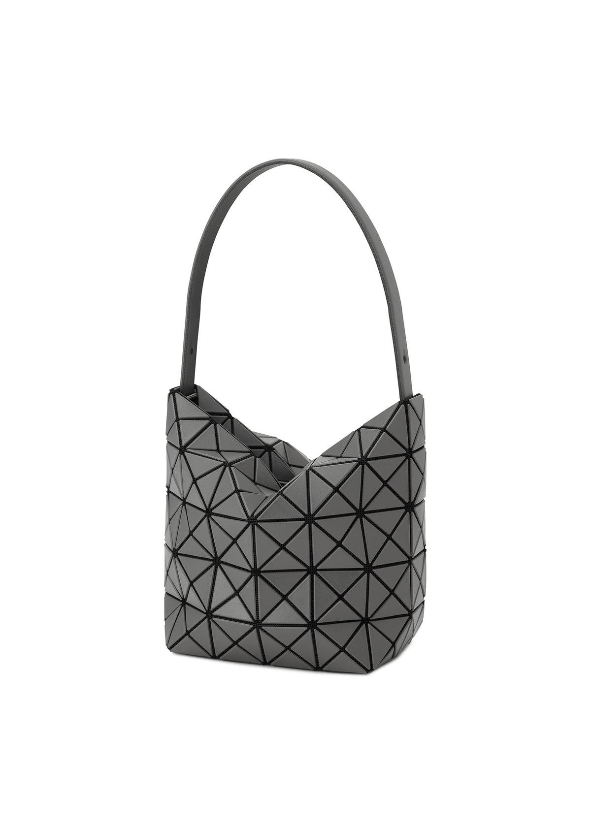 The VALLEY handbag by BAO BAO ISSEY MIYAKE features a modern black geometric design with a single strap and a triangular tessellated exterior, displayed upright on a plain white background. view 4 of 8