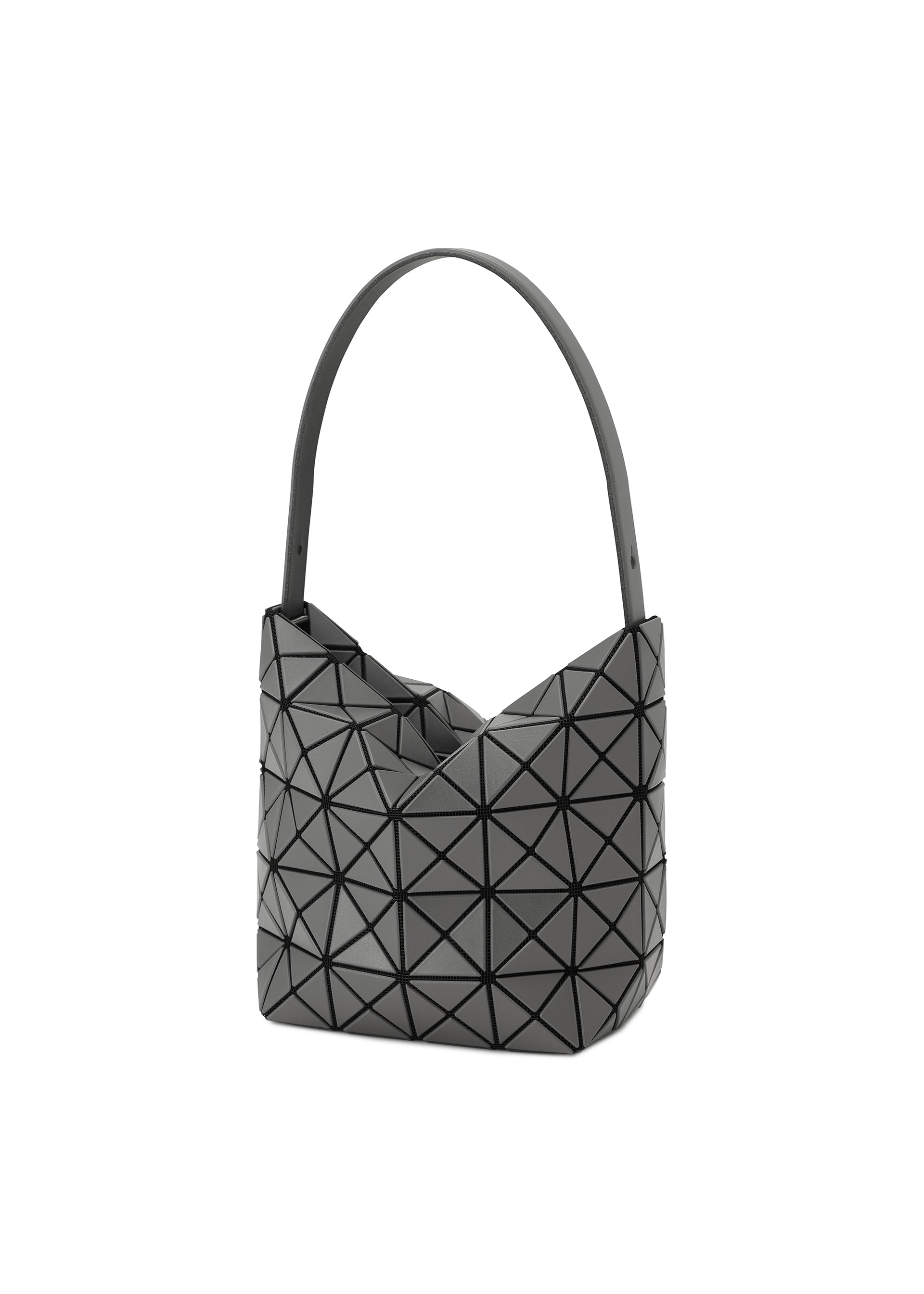 Zoomed view The VALLEY handbag by BAO BAO ISSEY MIYAKE features a modern black geometric design with a single strap and a triangular tessellated exterior, displayed upright on a plain white background.
