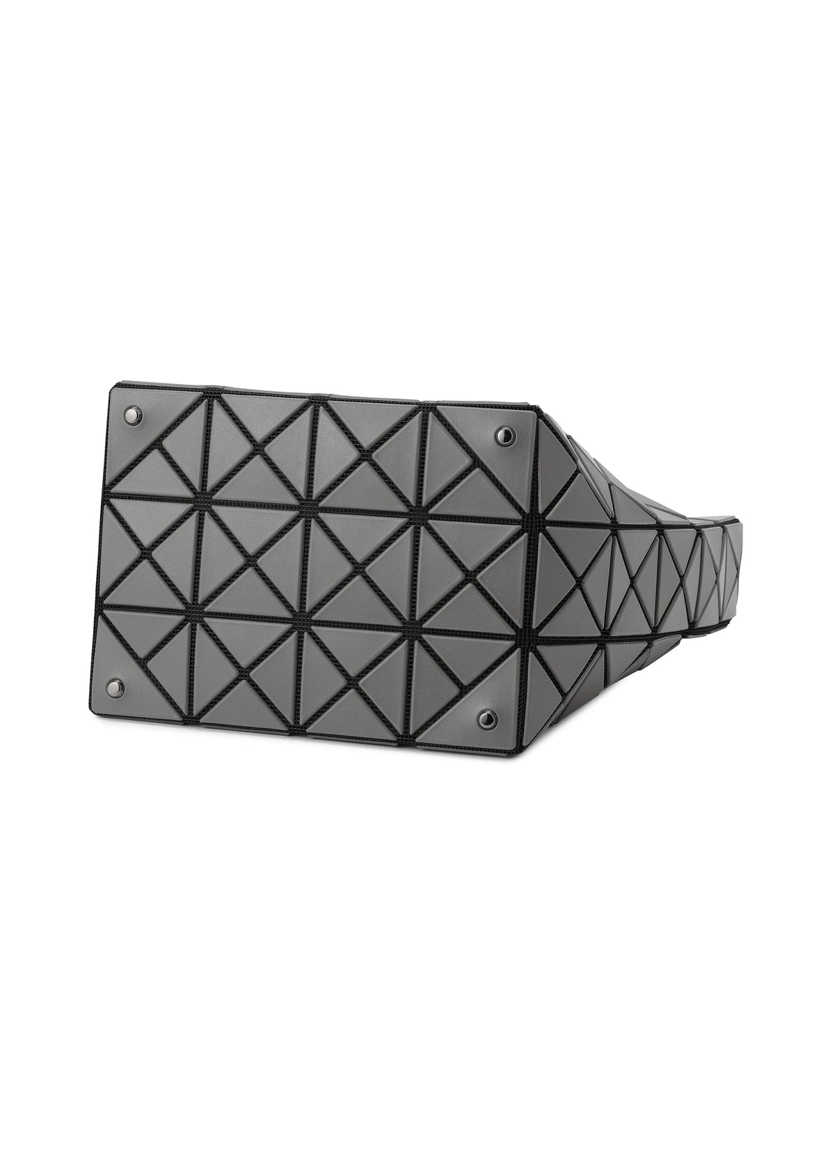 The BAO BAO ISSEY MIYAKE VALLEY bag is shown upright from the bottom, displaying a black geometric design with triangular shapes, four metal studs on each corner, and an adjustable handle for versatile carrying. view 5 of 8