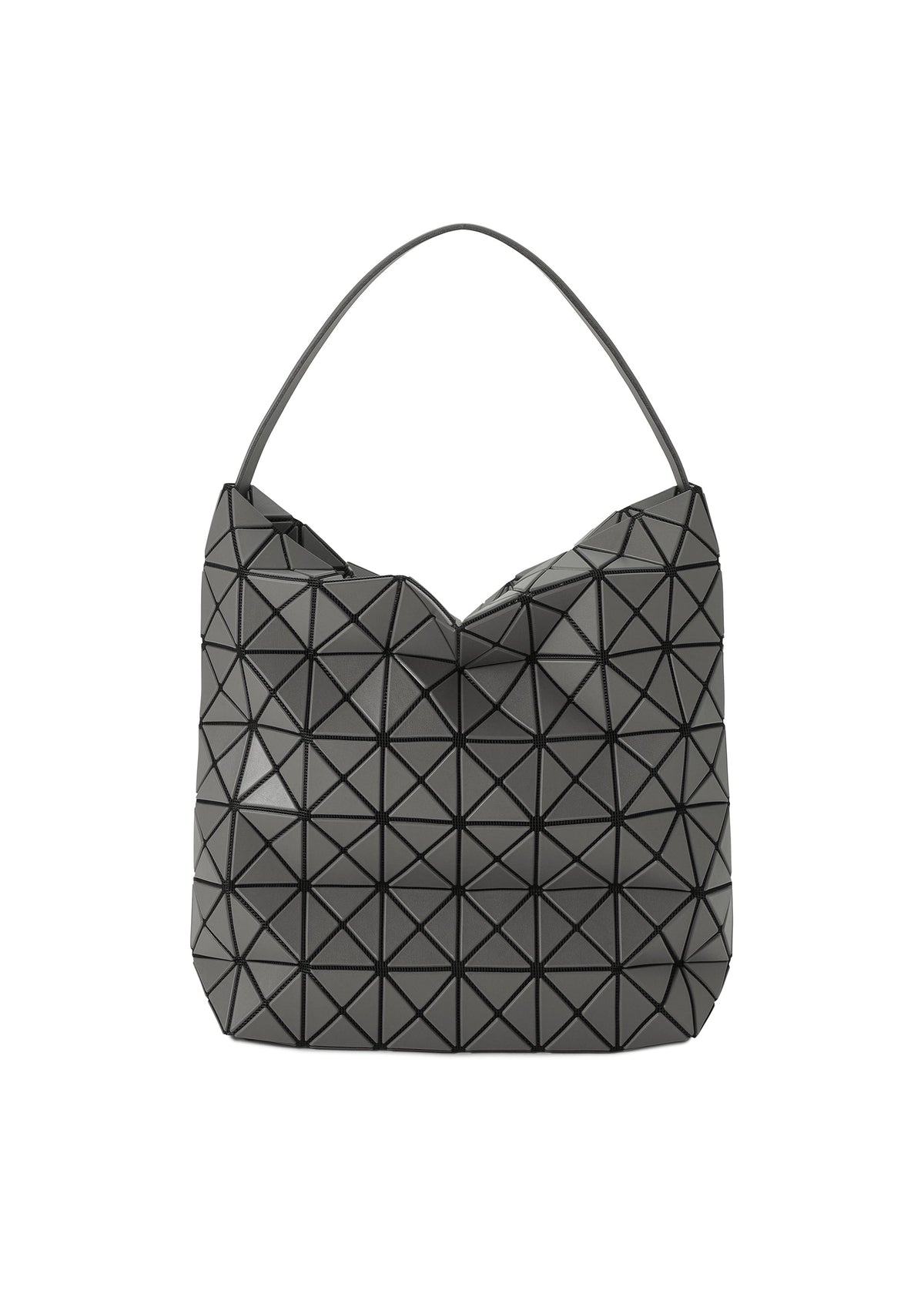 The VALLEY by BAO BAO ISSEY MIYAKE is a black upright handbag featuring a geometric triangular grid and a single curved shoulder strap, displayed against a plain white background. view 1 of 8