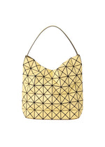 The VALLEY handbag by BAO BAO ISSEY MIYAKE is a yellow geometric upright bag with a triangular pattern, single curved handle, and a modern structured design. - LT.MAIZE YELLOW (no.55)
