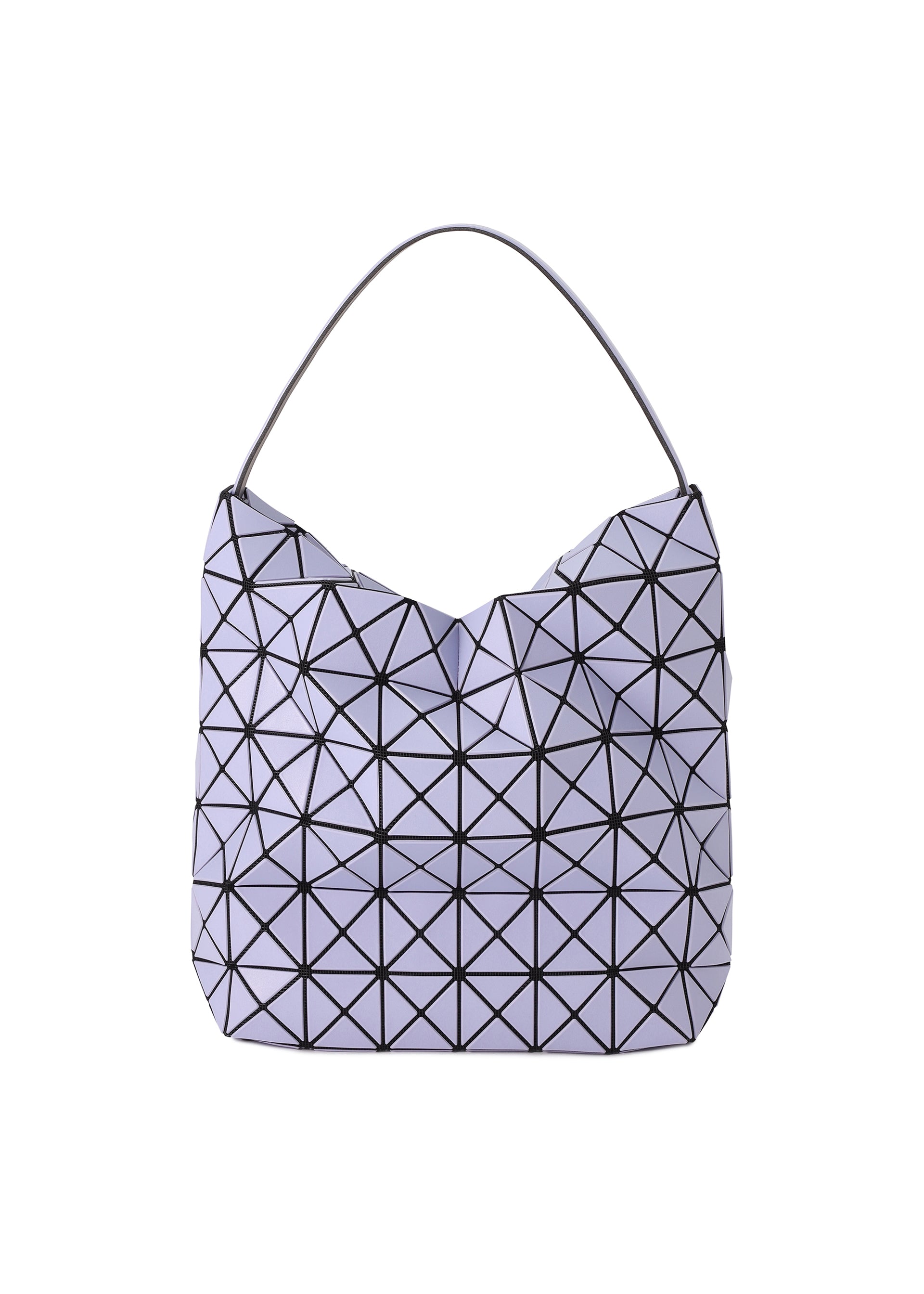Zoomed view The VALLEY handbag by BAO BAO ISSEY MIYAKE features a lavender geometric upright design with a triangular grid pattern and a single curved handle, displayed against a plain white background. - LAVENDER (no.80)