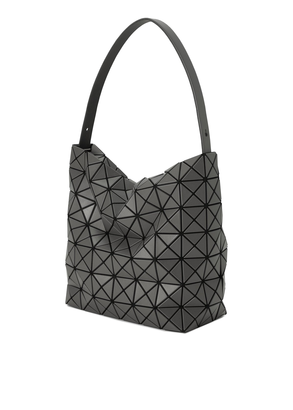 The VALLEY tote bag by BAO BAO ISSEY MIYAKE features a black geometric, triangular-textured design and a single wide strap. This upright-standing handbag is photographed against a white background. view 4 of 8