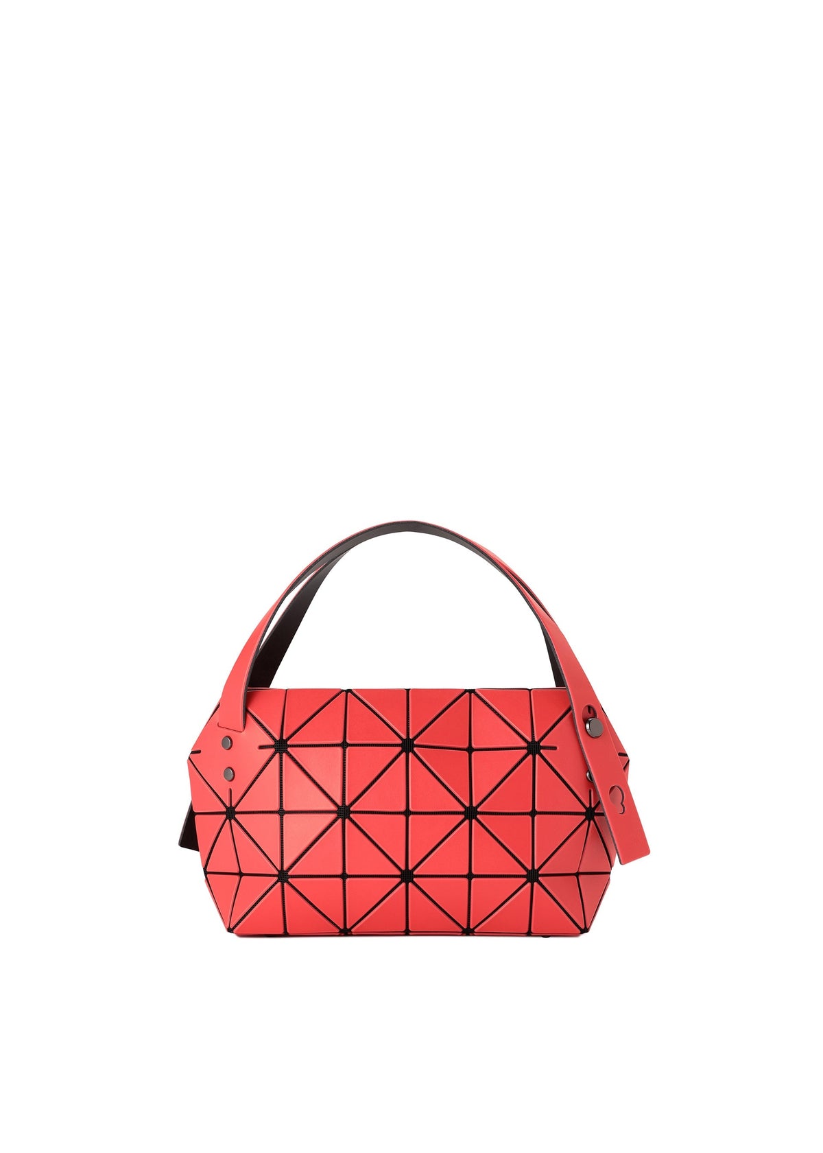 The BOSTON mini bag by BAO BAO ISSEY MIYAKE features a red geometric design with black triangular lines, a wide handle, and a modern structured shape, shown against a plain white background. view 2 of 6