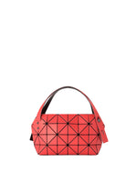 The BOSTON mini bag by BAO BAO ISSEY MIYAKE features a red geometric design with black triangular lines, a wide handle, and a modern structured shape, shown against a plain white background. - RED （no.24）