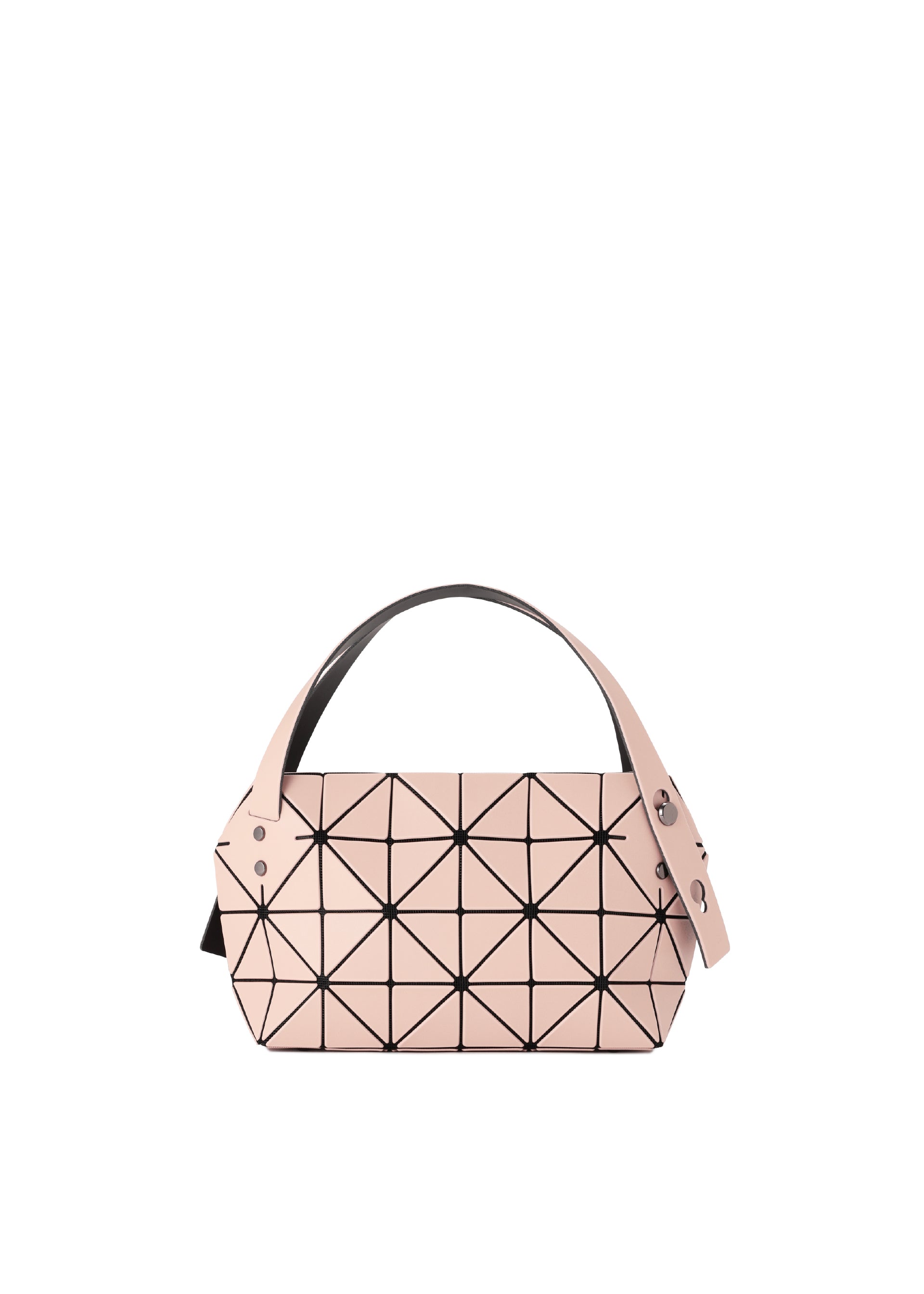 Zoomed view The BOSTON mini bag by BAO BAO ISSEY MIYAKE features light pink geometric panels with black triangular lines and a wide strap accented by metal rivets, creating a modern look against a white background. - BEIGE （no.41）