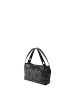 The BOSTON mini bag by BAO BAO ISSEY MIYAKE features a black geometric design and two handles, shown on a plain white background. A stylish choice for casual parties or any occasion.