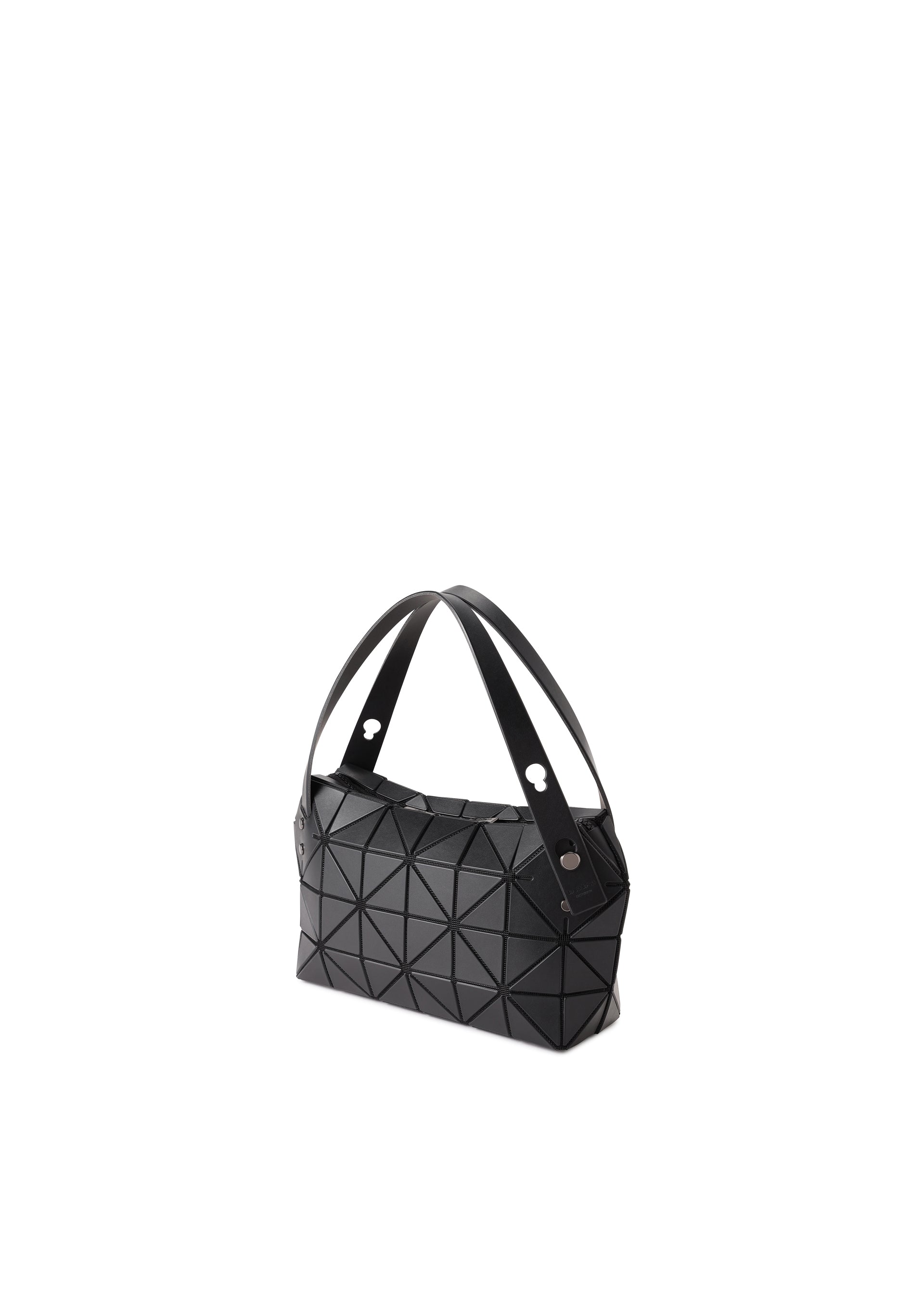 Zoomed view The BOSTON mini bag by BAO BAO ISSEY MIYAKE features a black geometric design and two handles, shown on a plain white background. A stylish choice for casual parties or any occasion.