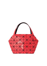 The BOSTON bag by BAO BAO ISSEY MIYAKE features a geometric red design with black lines forming triangles, two black handles, a structured angular shape, and ample storage. Shown against a plain white background. - RED （no.24）