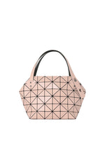 The BOSTON by BAO BAO ISSEY MIYAKE is a pink geometric handbag with black grid lines, two wide handles, spacious storage, and a structured angular design. - BEIGE （no.41）
