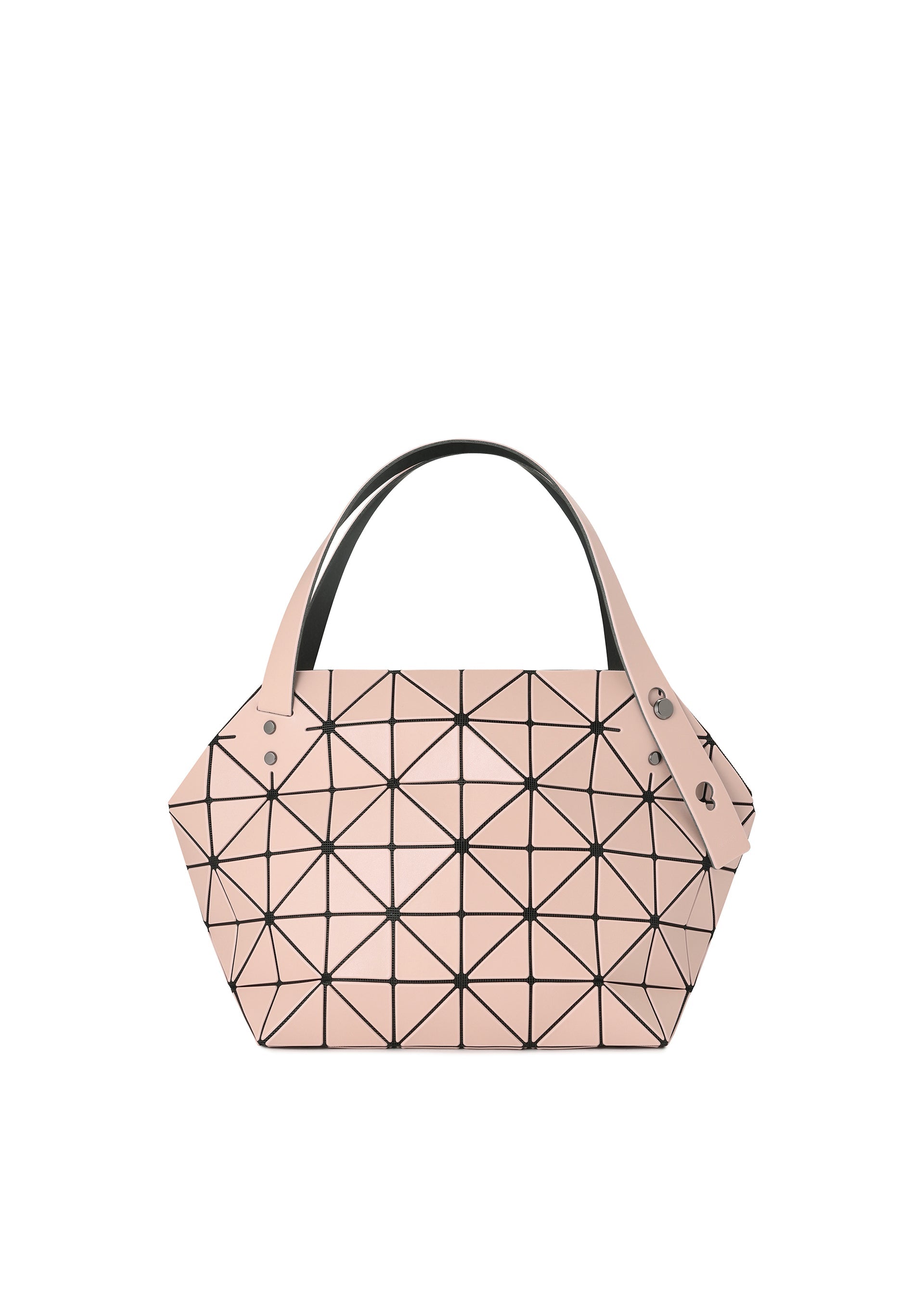 Zoomed view The BOSTON by BAO BAO ISSEY MIYAKE is a pink geometric handbag with black grid lines, two wide handles, spacious storage, and a structured angular design. - BEIGE （no.41）