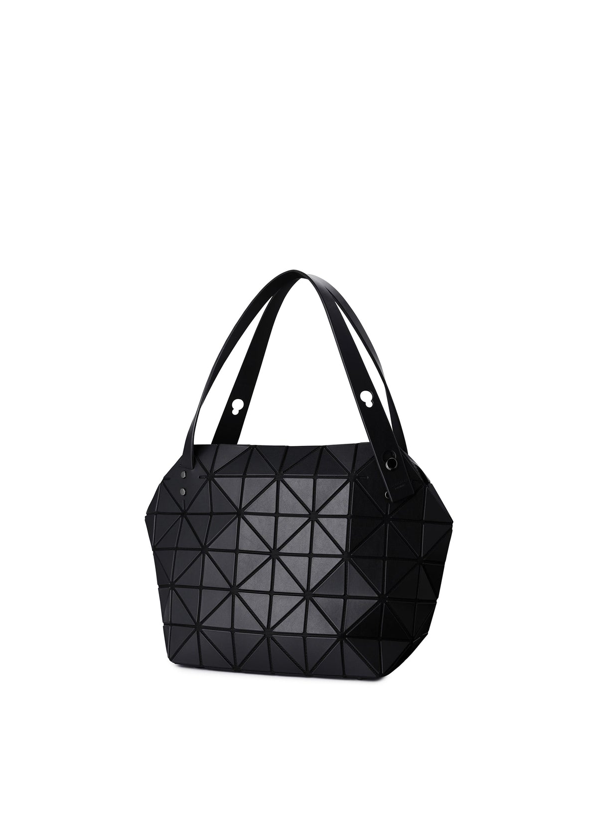 The BOSTON tote bag by BAO BAO ISSEY MIYAKE features a modern black design with geometric triangular patterns, two handles, and ample storage. Shown against a plain white background. view 4 of 6