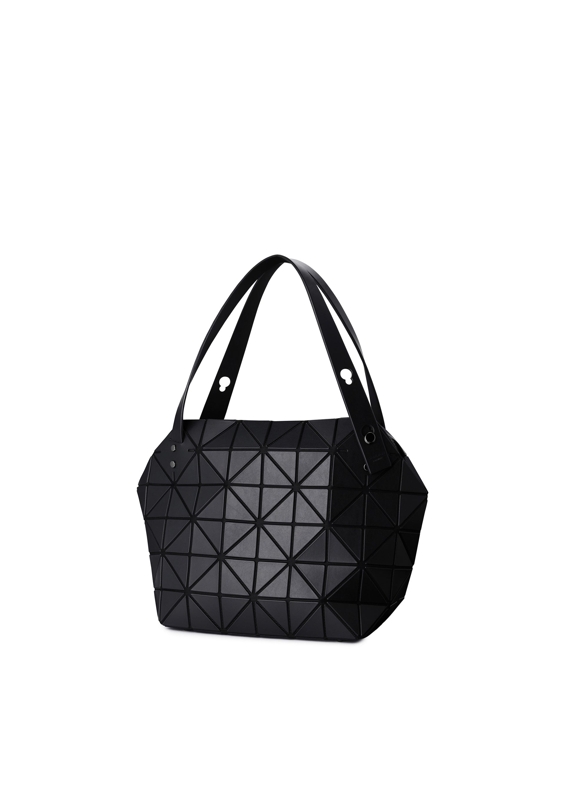 Zoomed view The BOSTON tote bag by BAO BAO ISSEY MIYAKE features a modern black design with geometric triangular patterns, two handles, and ample storage. Shown against a plain white background.