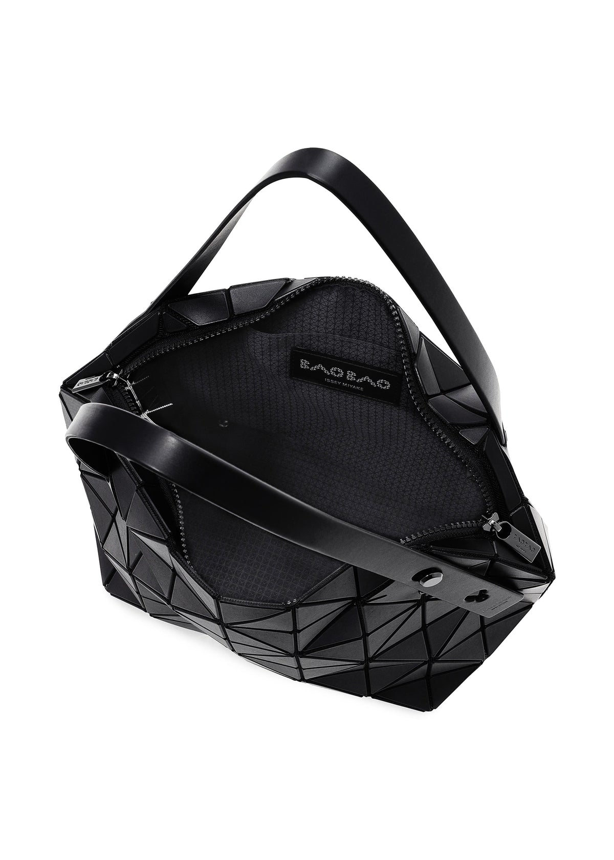 The BOSTON by BAO BAO ISSEY MIYAKE is a black geometric Boston bag with two handles, a zippered top, and a textured lining. Its exterior showcases triangular panels for a modern look and offers spacious storage for daily essentials. view 5 of 6
