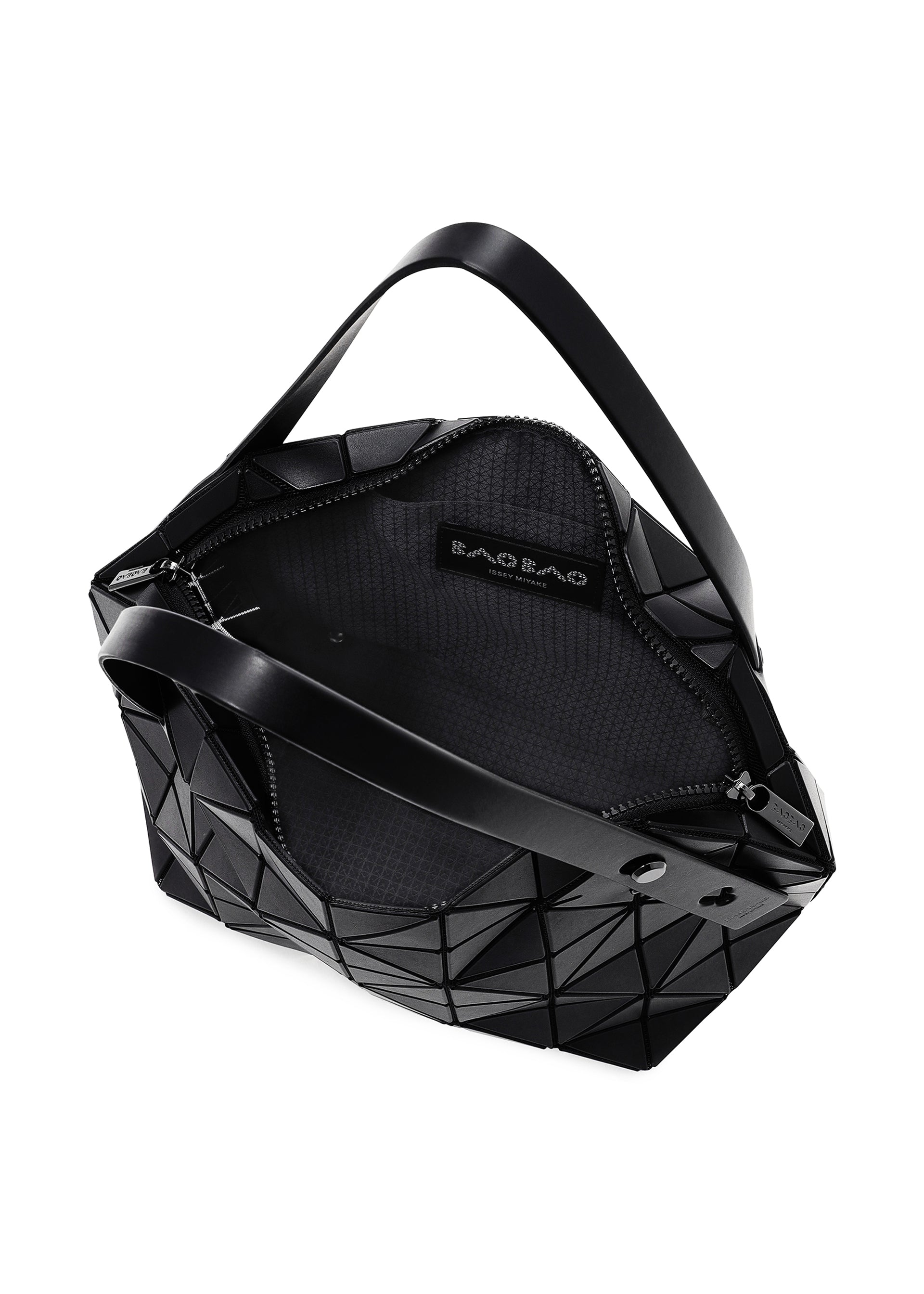 Zoomed view The BOSTON by BAO BAO ISSEY MIYAKE is a black geometric Boston bag with two handles, a zippered top, and a textured lining. Its exterior showcases triangular panels for a modern look and offers spacious storage for daily essentials.