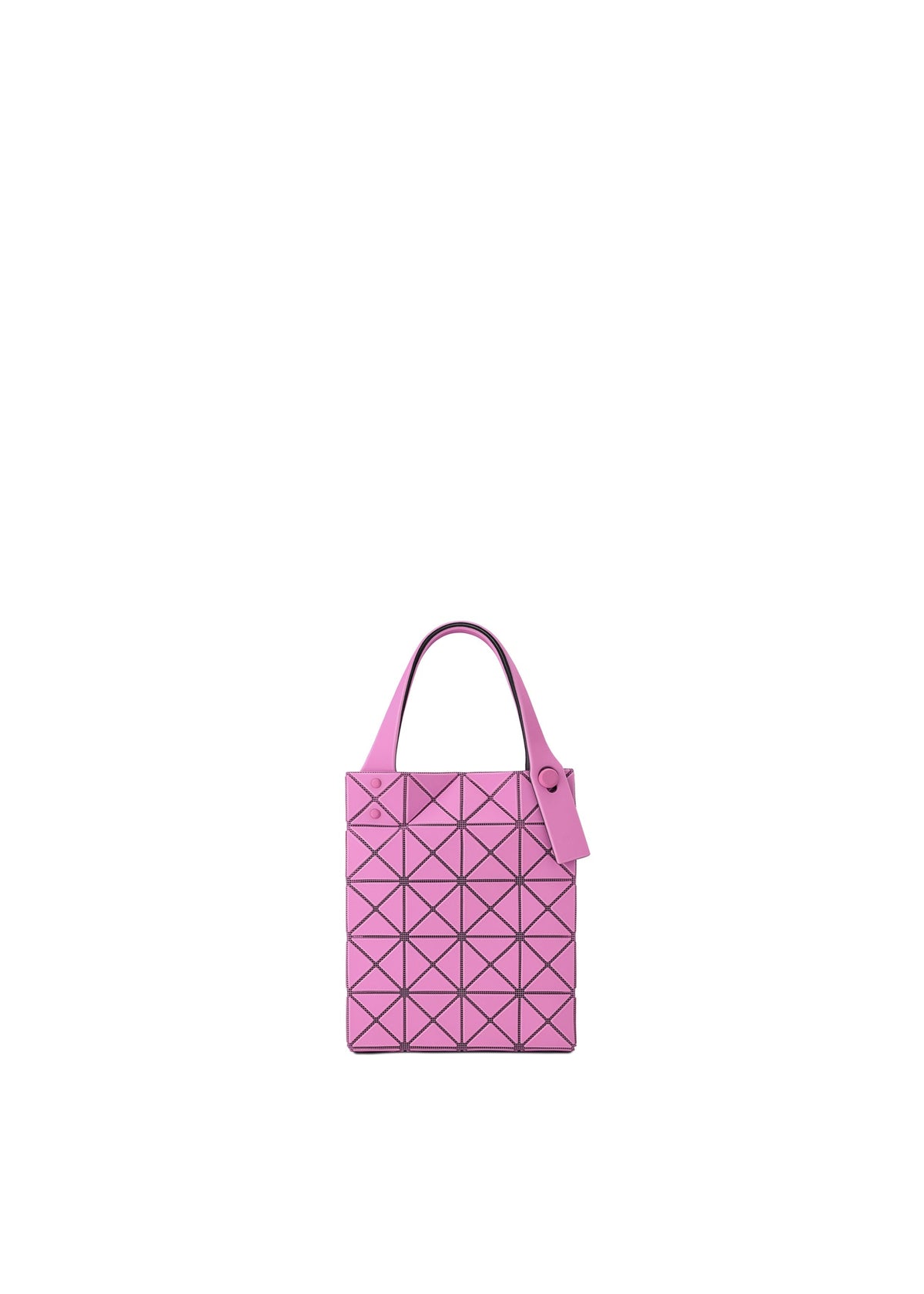 A small, bright pink PRISM PLUS mini tote bag by BAO BAO ISSEY MIYAKE features a geometric triangular pattern and single handle, displayed centered on a plain white background. view 3 of 10