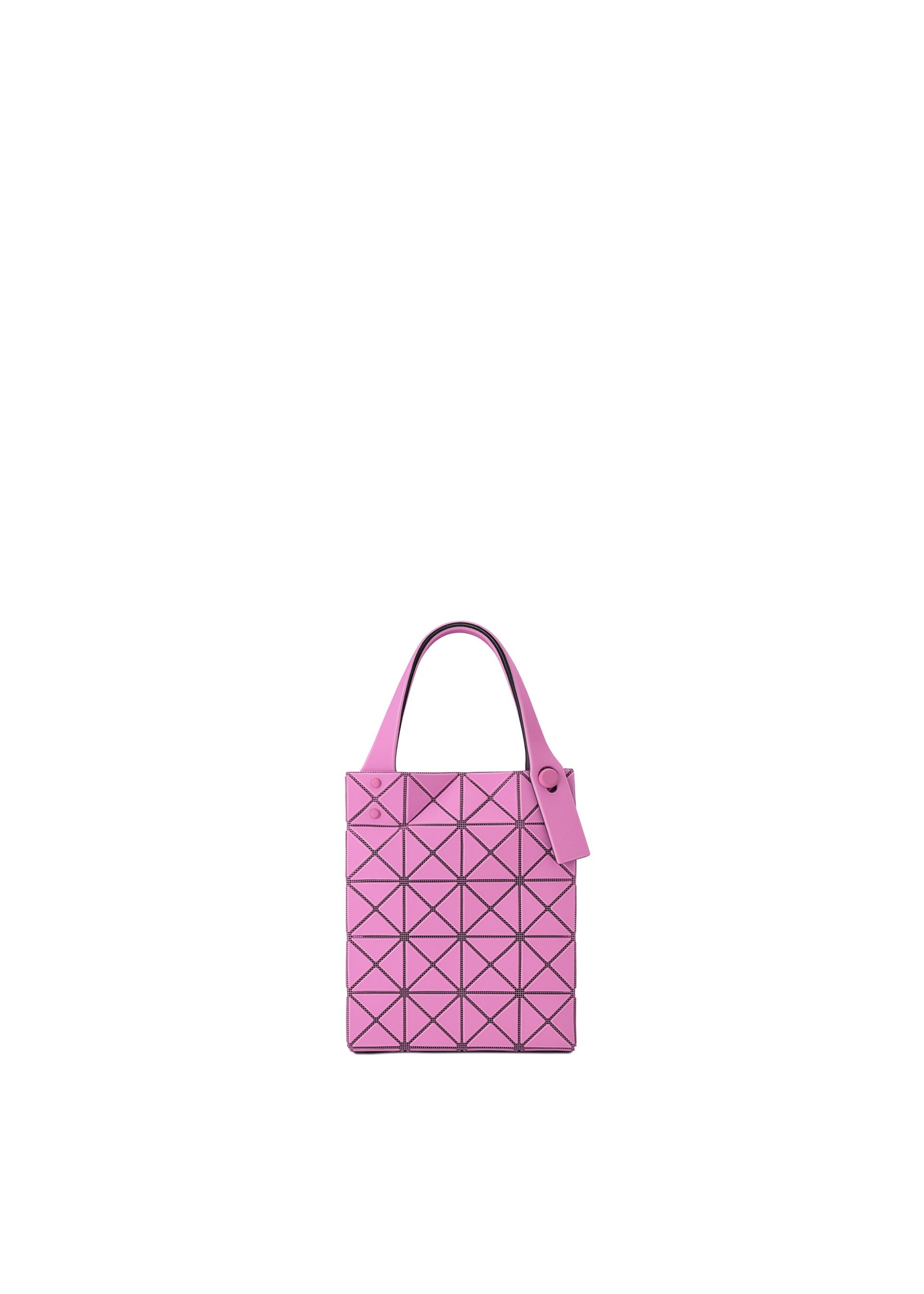 Zoomed view A small, bright pink PRISM PLUS mini tote bag by BAO BAO ISSEY MIYAKE features a geometric triangular pattern and single handle, displayed centered on a plain white background. - PINK （no.22）