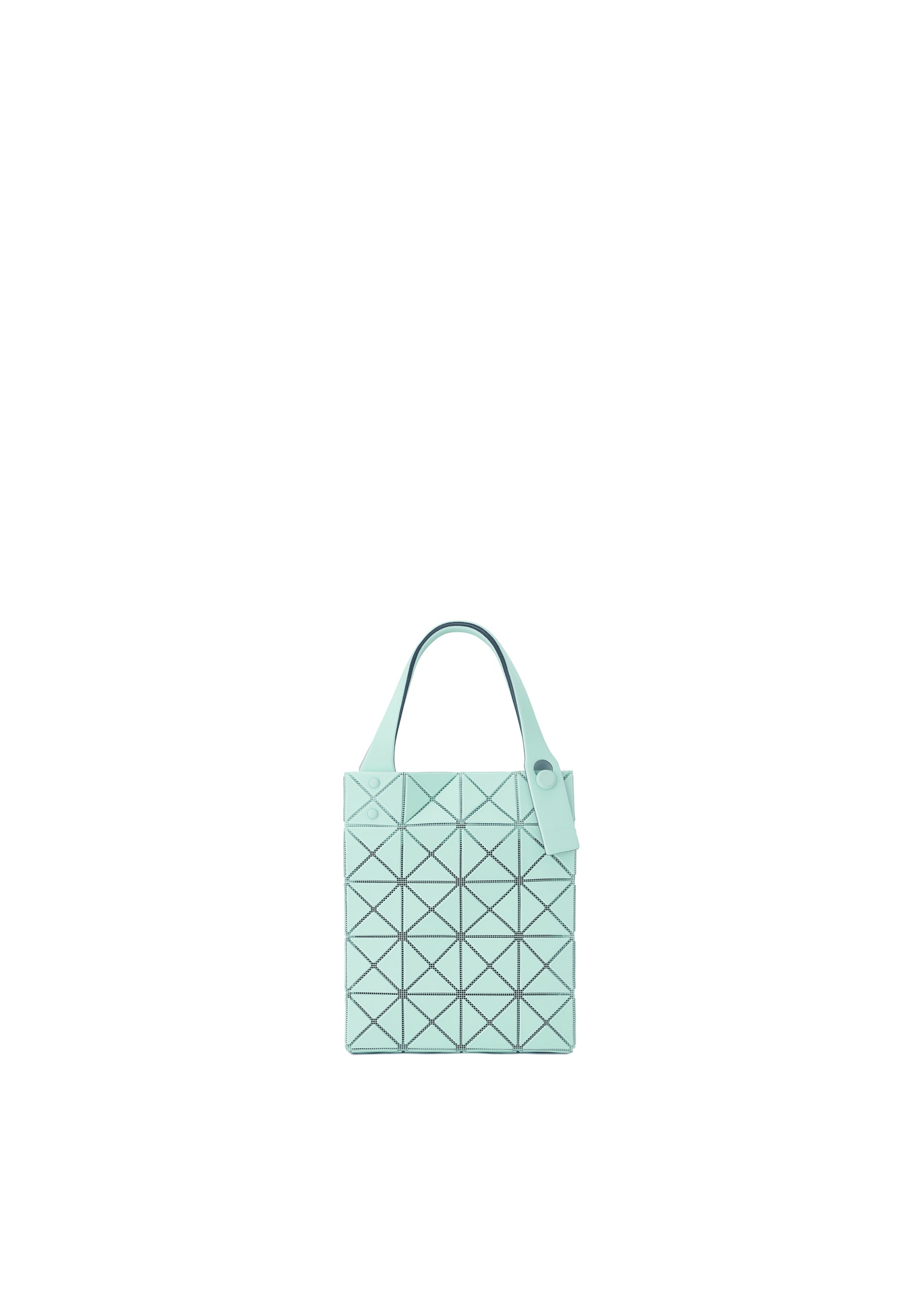Zoomed view A light blue geometric mini tote bag from the PRISM PLUS series by BAO BAO ISSEY MIYAKE, featuring triangular panels and two handles, is centered on a plain white background. - LIGHT BLUE （no.71）