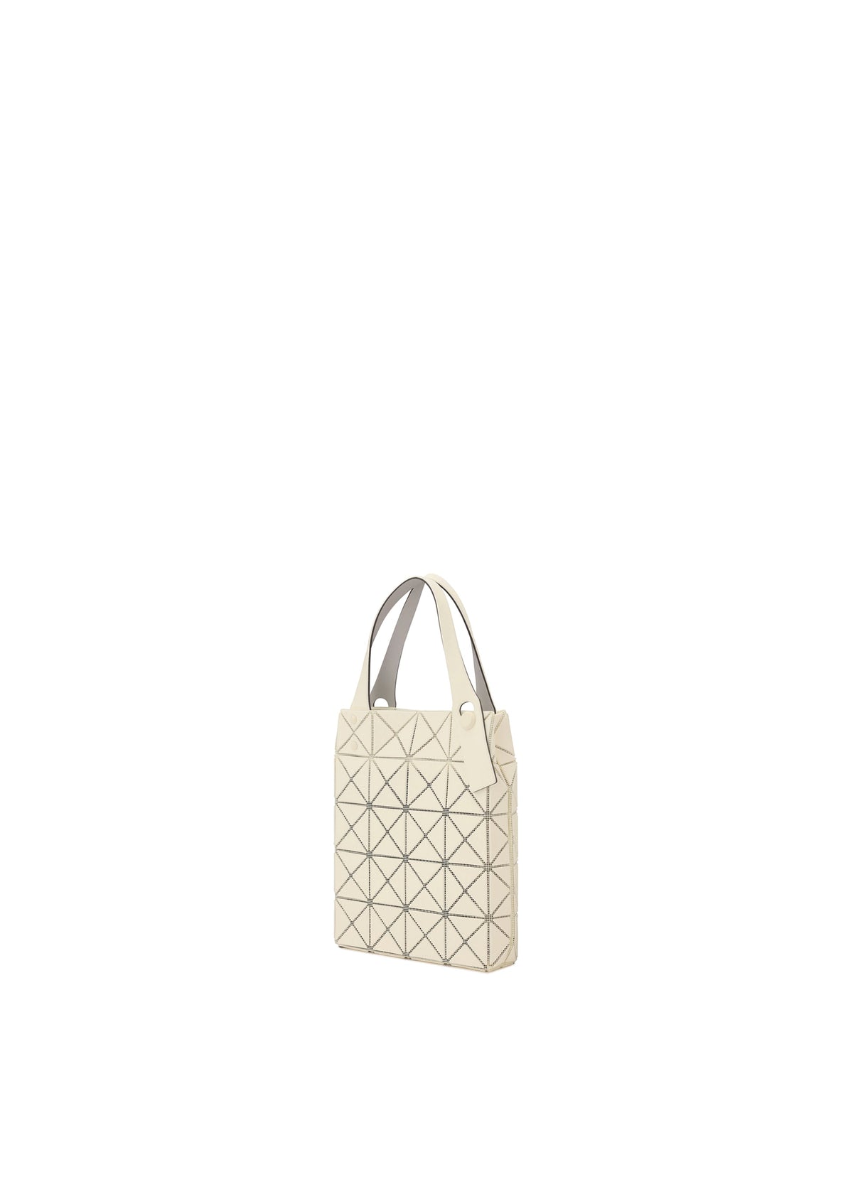 A beige PRISM PLUS mini tote bag by BAO BAO ISSEY MIYAKE, with geometric triangular patterns and two handles, shown against a plain white background. view 5 of 10