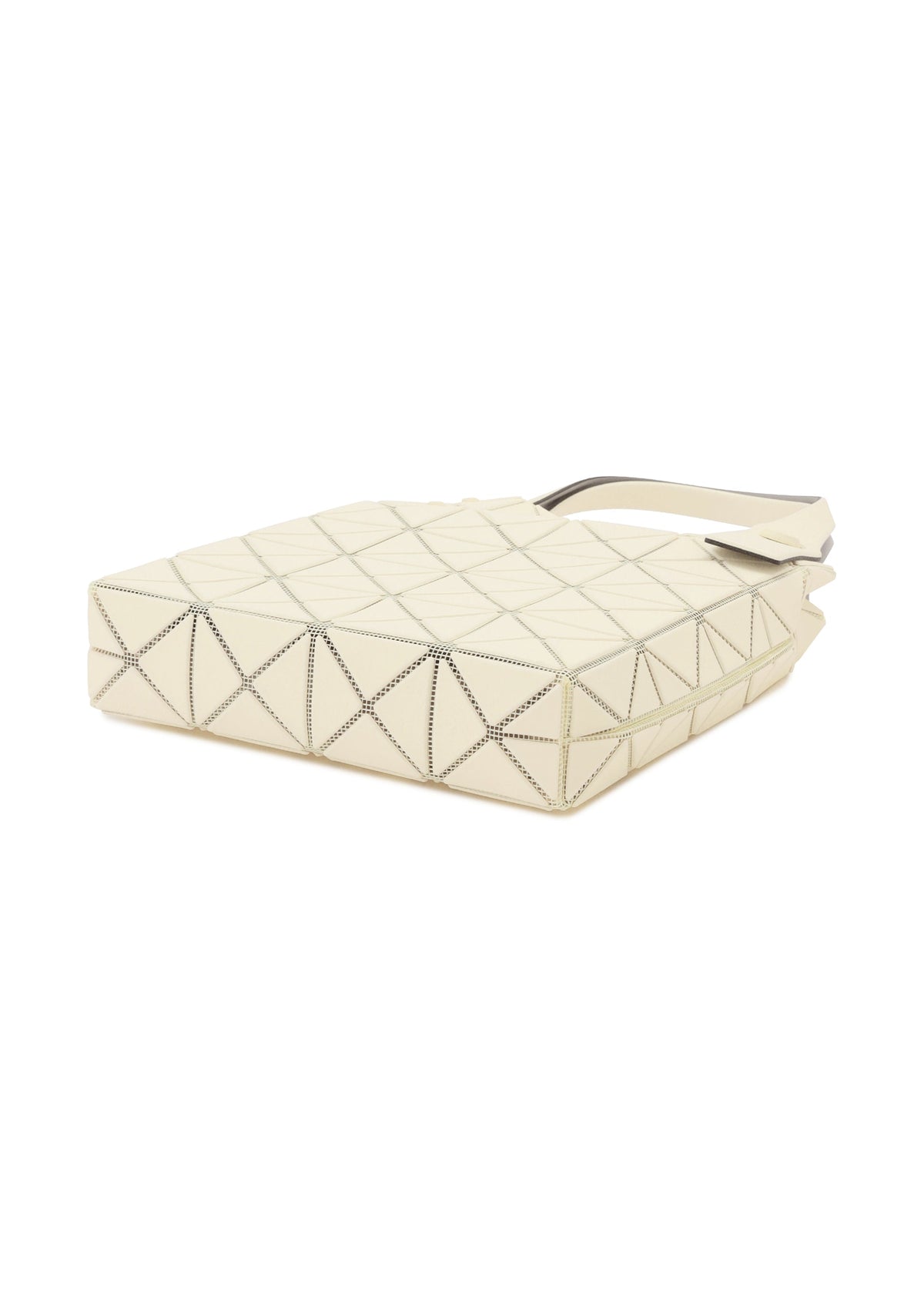 A cream-colored mini tote from the PRISM PLUS series by BAO BAO ISSEY MIYAKE, featuring a geometric pattern, black stitching, structured design, and two handles, shown lying flat on its side. view 6 of 10