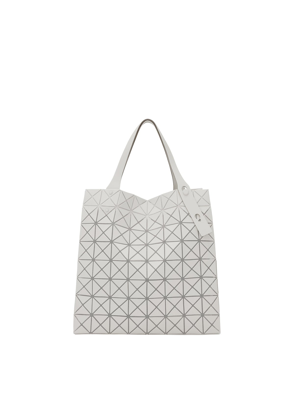 The PRISM PLUS tote bag by BAO BAO ISSEY MIYAKE features a white geometric triangular pattern, two handles, and sleek button accents near the top. Its modern, minimalist design provides ample space for your everyday essentials. view 2 of 10