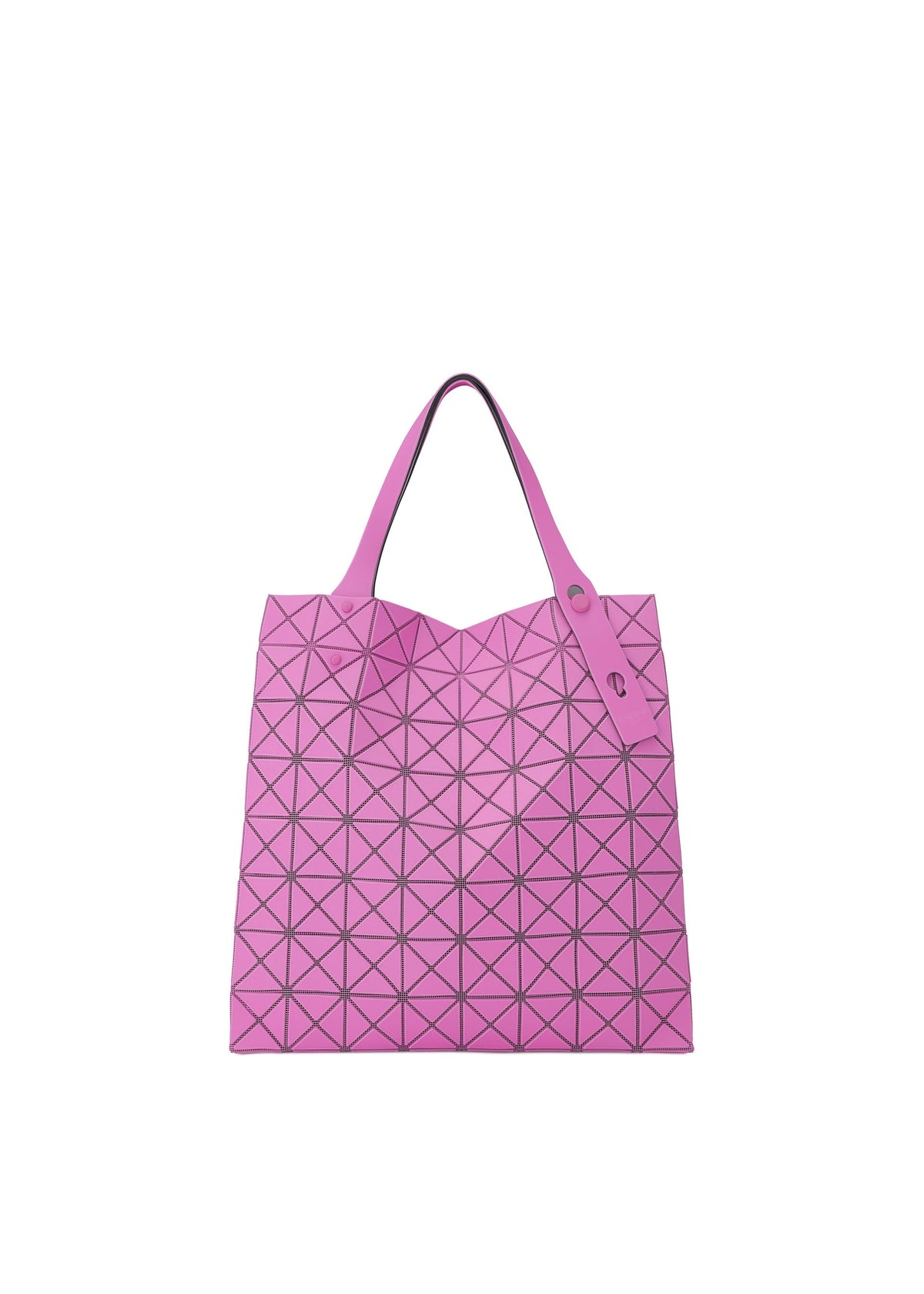 The BAO BAO ISSEY MIYAKE PRISM PLUS tote in pink features triangular patterns, two handles, a modern flexible design, and spacious storage, standing out against a plain white background. view 3 of 10