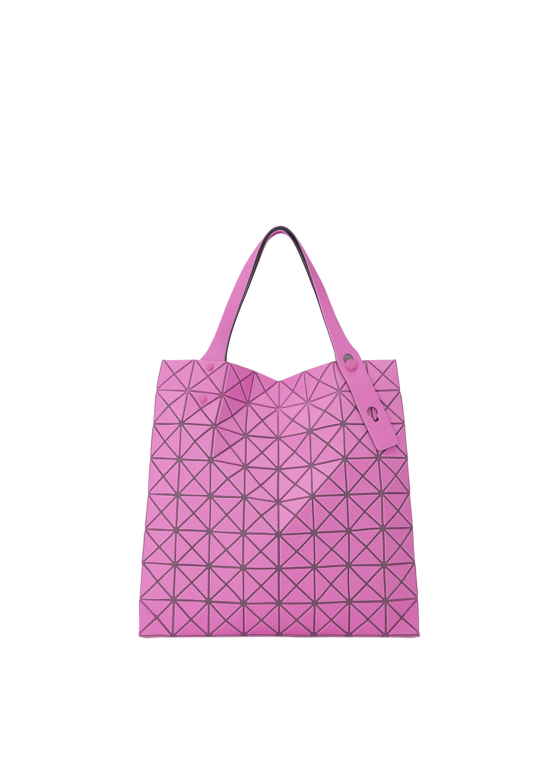 Zoomed view The BAO BAO ISSEY MIYAKE PRISM PLUS tote in pink features triangular patterns, two handles, a modern flexible design, and spacious storage, standing out against a plain white background. - PINK （no.22）
