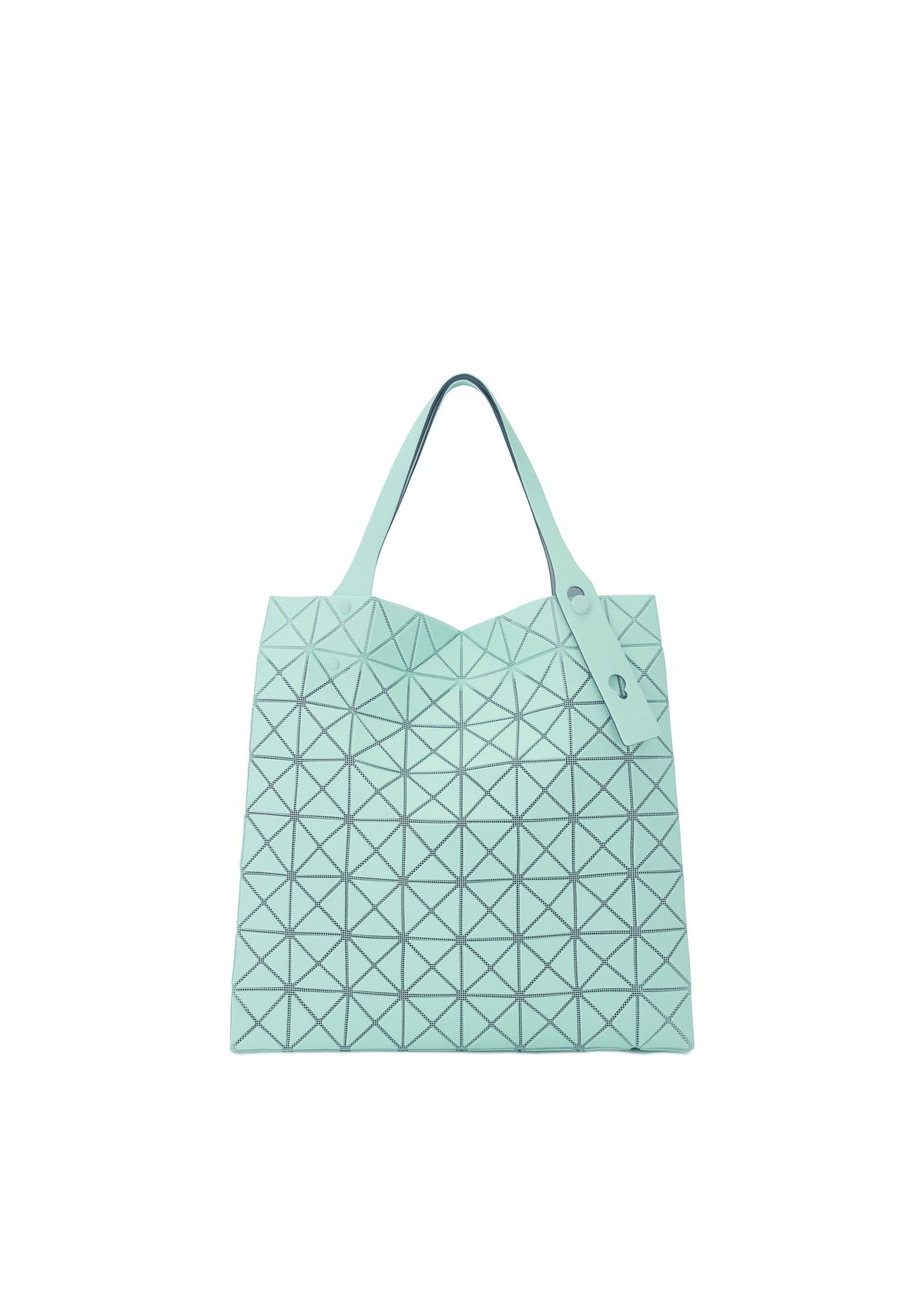 A light blue BAO BAO ISSEY MIYAKE PRISM PLUS tote bag with a geometric triangular grid pattern and subtle fabric grain texture, two handles, shown on a white background. view 4 of 10