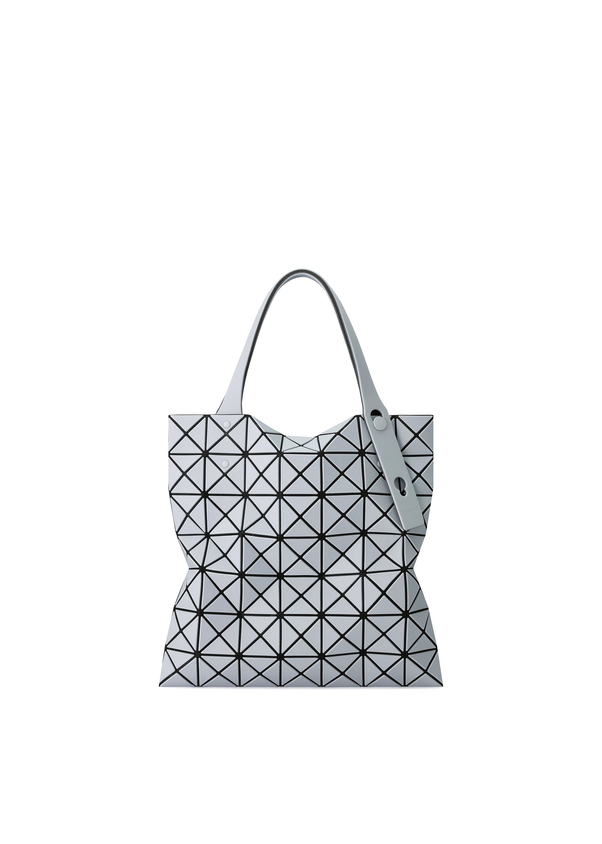 Zoomed view The BAO BAO ISSEY MIYAKE PRISM FROST tote features white triangular panels connected by black lines, two handles, and a modern, flexible matte design. Photographed against a plain white background for a sophisticated look. - GRAY (no.12)