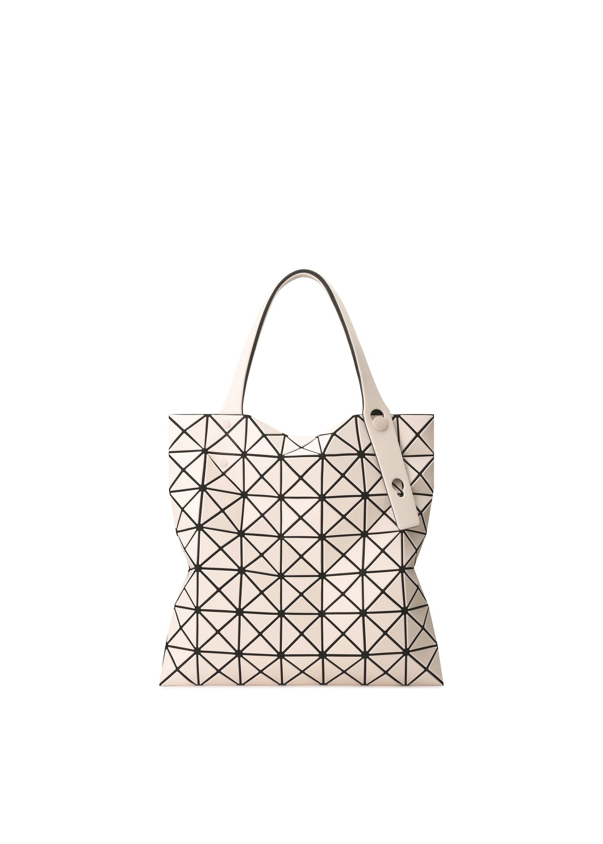 The PRISM FROST tote by BAO BAO ISSEY MIYAKE features black triangular grid patterns on white, a fabric-grain texture, dual handles, and a sleek angular design, all showcased against a plain white background. view 2 of 9