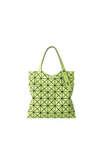 The PRISM FROST tote bag by BAO BAO ISSEY MIYAKE features a geometric triangular pattern in light yellow-green, two handles, a modern flexible design, and a subtle fabric-grain texture. - MUSCAT GREEN (no.63)