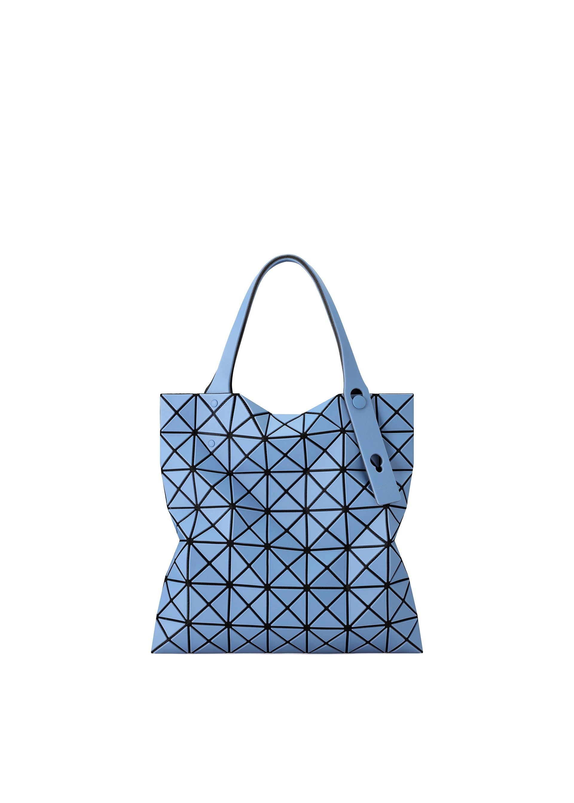 Zoomed view A light blue PRISM FROST tote by BAO BAO ISSEY MIYAKE, with black geometric triangles, matte finish, and two handles in a modern structured design, set against a white background. - SMOKY BLUE (no.73)