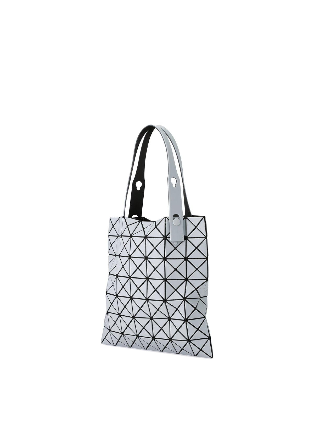 The BAO BAO ISSEY MIYAKE PRISM FROST tote bag features black triangle lines on a white matte surface, two white handles with metal rivets, and is displayed against a plain white background. view 5 of 9