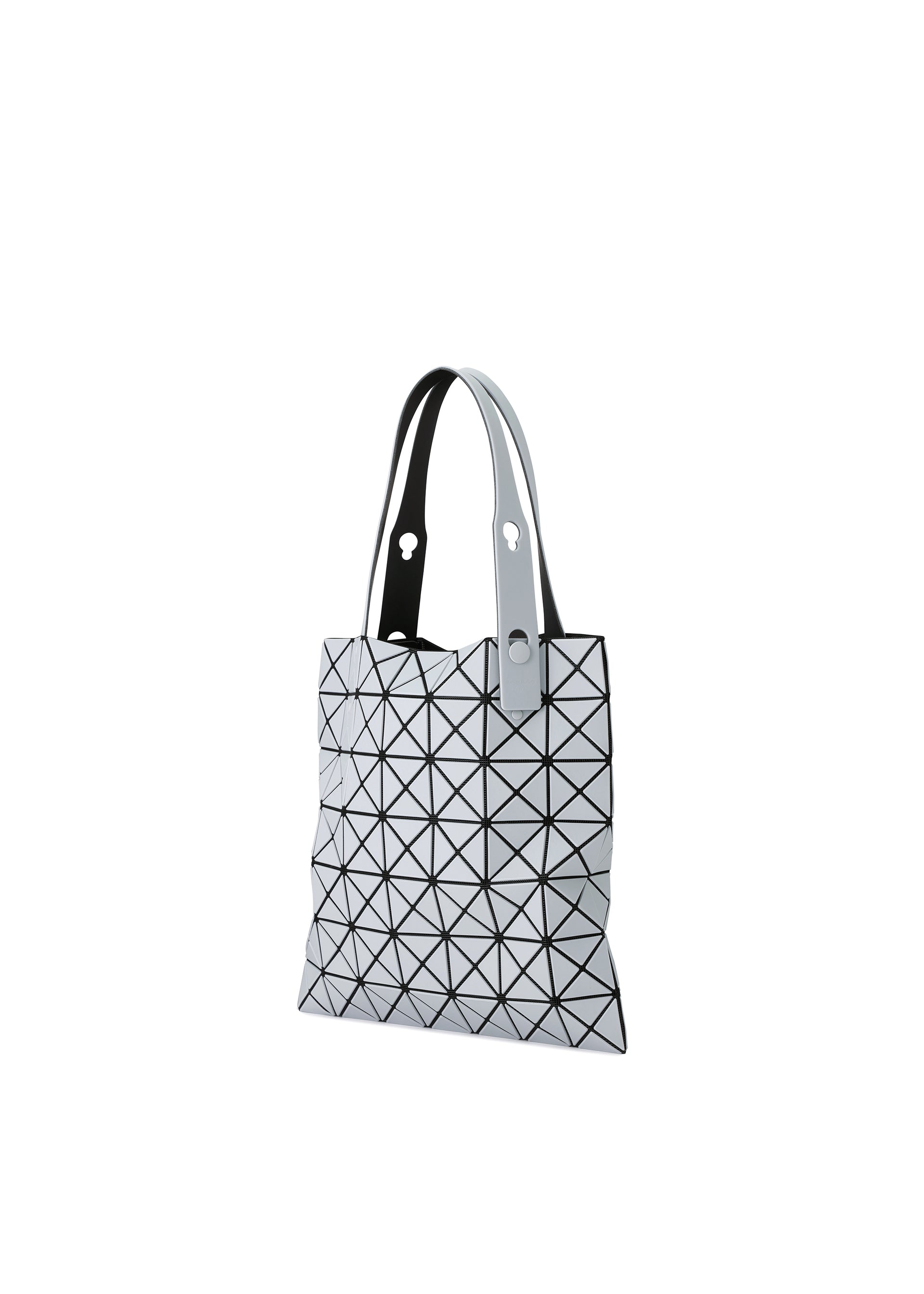 Zoomed view The BAO BAO ISSEY MIYAKE PRISM FROST tote bag features black triangle lines on a white matte surface, two white handles with metal rivets, and is displayed against a plain white background.