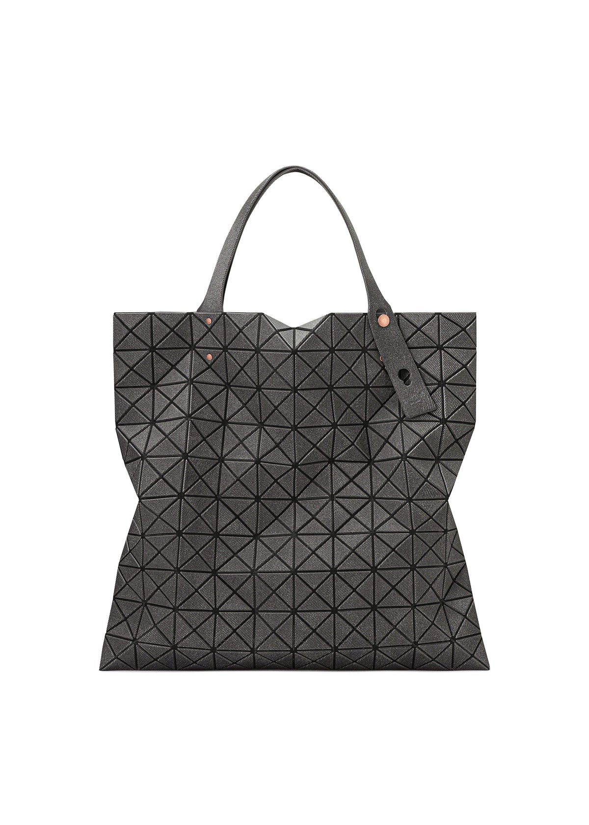 The PRISM DENIM by BAO BAO ISSEY MIYAKE is a black denim tote bag with two handles, adorned with a geometric grid of raised triangular patterns. view 1 of 7