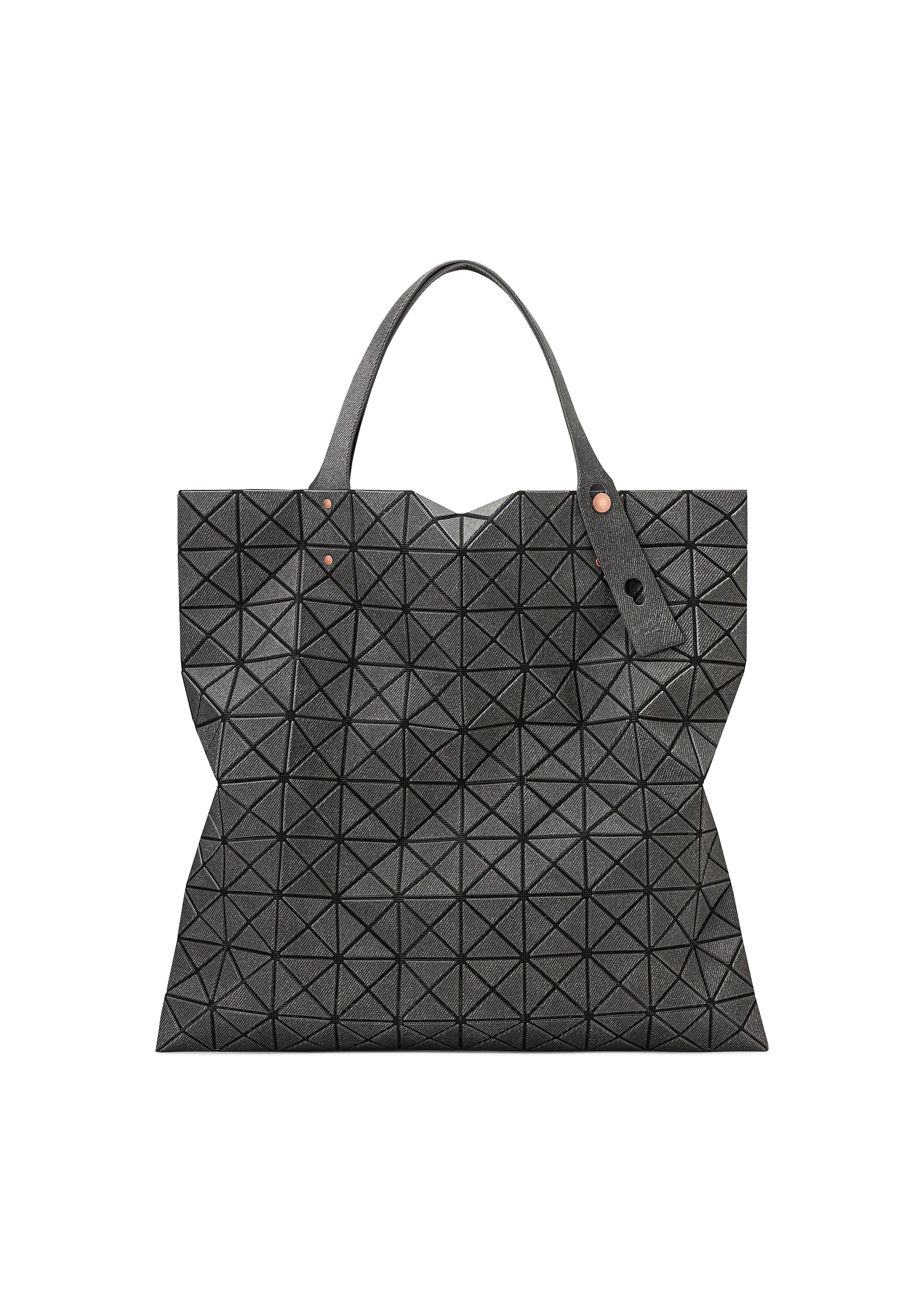 Zoomed view The PRISM DENIM by BAO BAO ISSEY MIYAKE is a black denim tote bag with two handles, adorned with a geometric grid of raised triangular patterns. - BLACK （no.15）