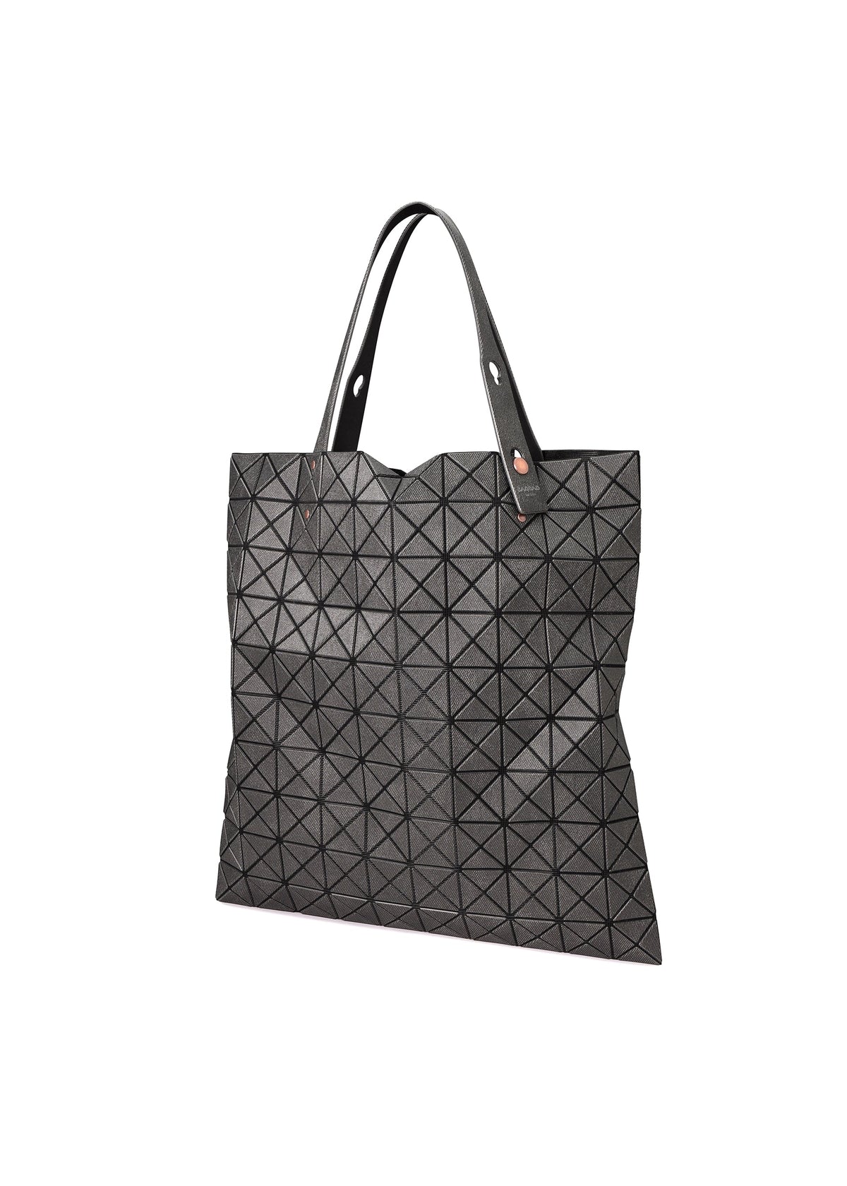 The PRISM DENIM by BAO BAO ISSEY MIYAKE is a black tote bag crafted from durable denim with a geometric triangular pattern, two handles, and a secure zippered interior pocket, shown against a white background. view 3 of 7