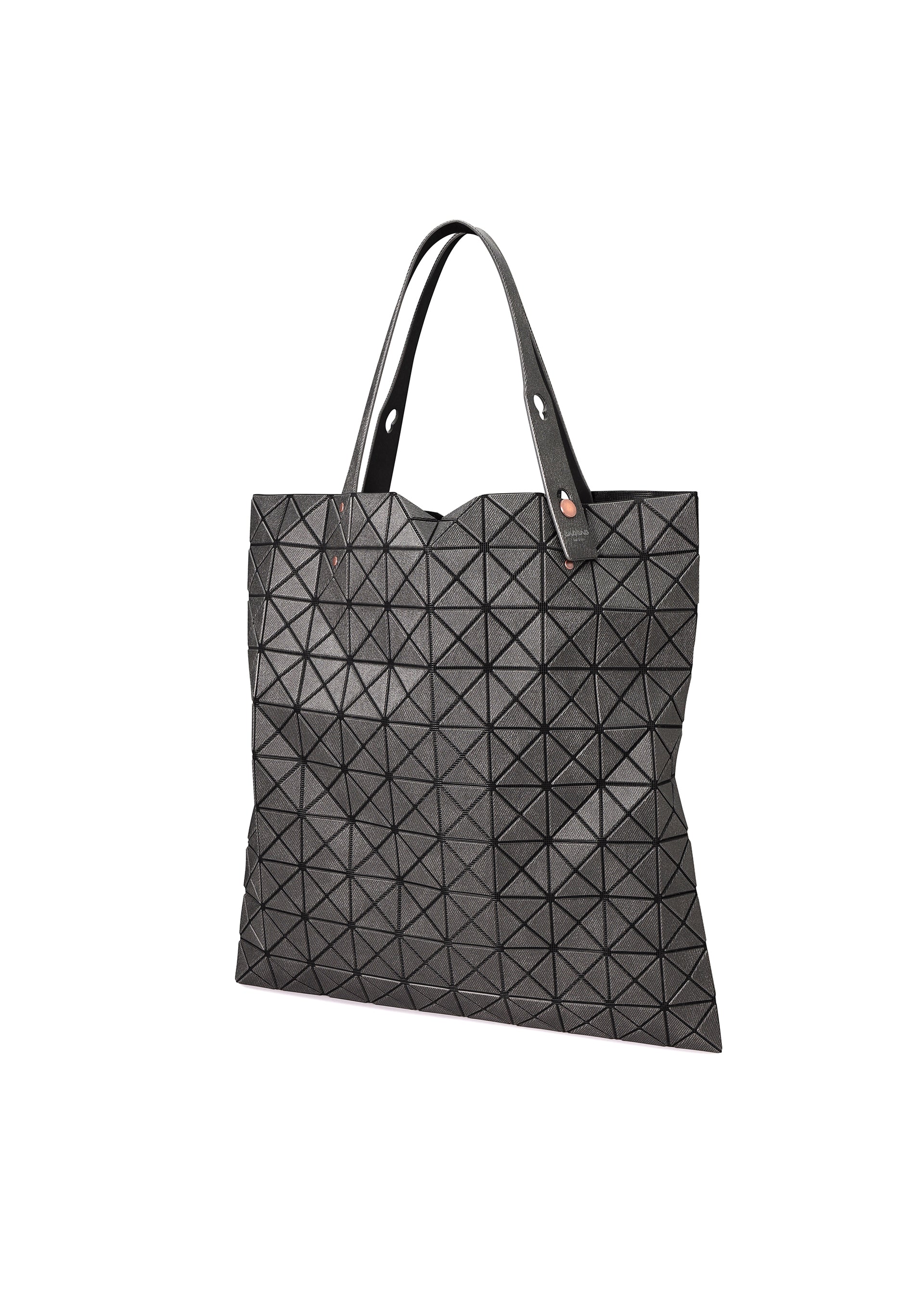 Zoomed view The PRISM DENIM by BAO BAO ISSEY MIYAKE is a black tote bag crafted from durable denim with a geometric triangular pattern, two handles, and a secure zippered interior pocket, shown against a white background.