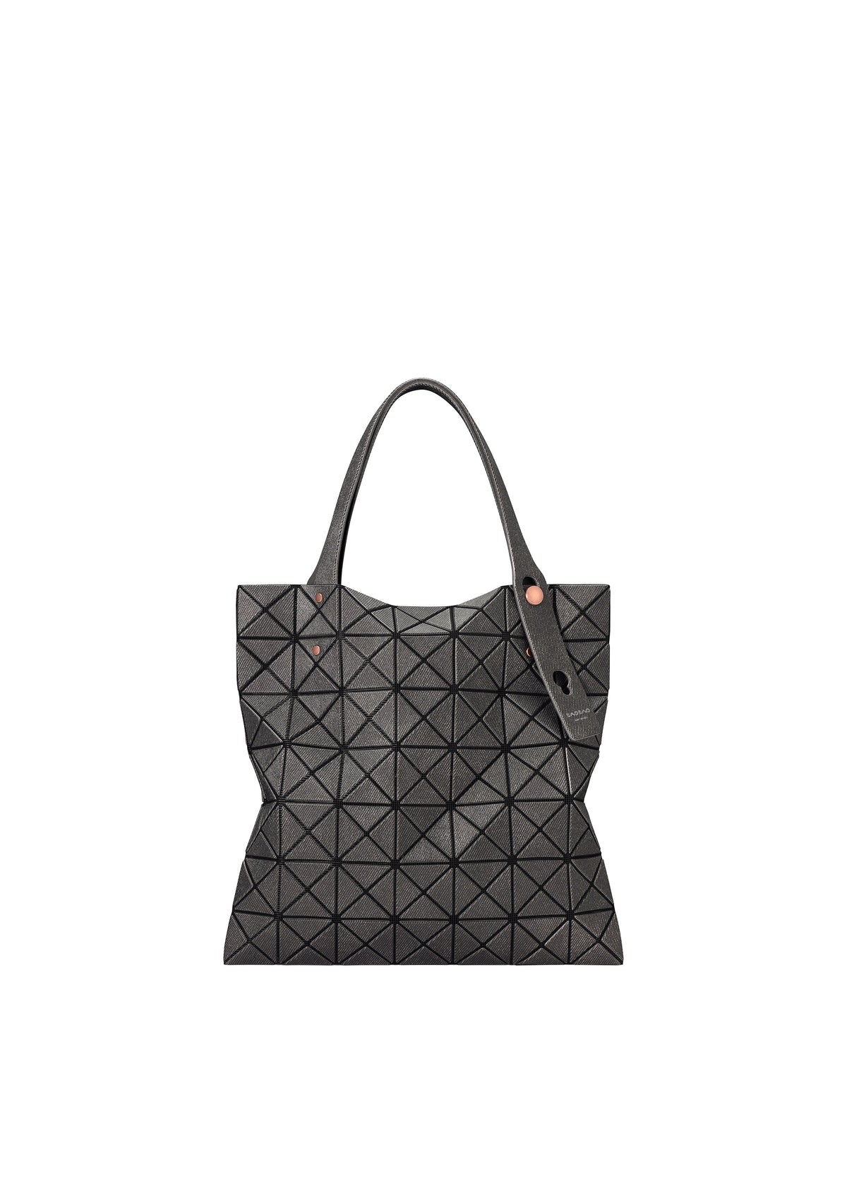 The BAO BAO ISSEY MIYAKE PRISM DENIM tote bag, in black with a grid of triangular shapes, two handles, and a zippered inner pocket, features a minimalist modern design and is shown on a white background. view 1 of 6