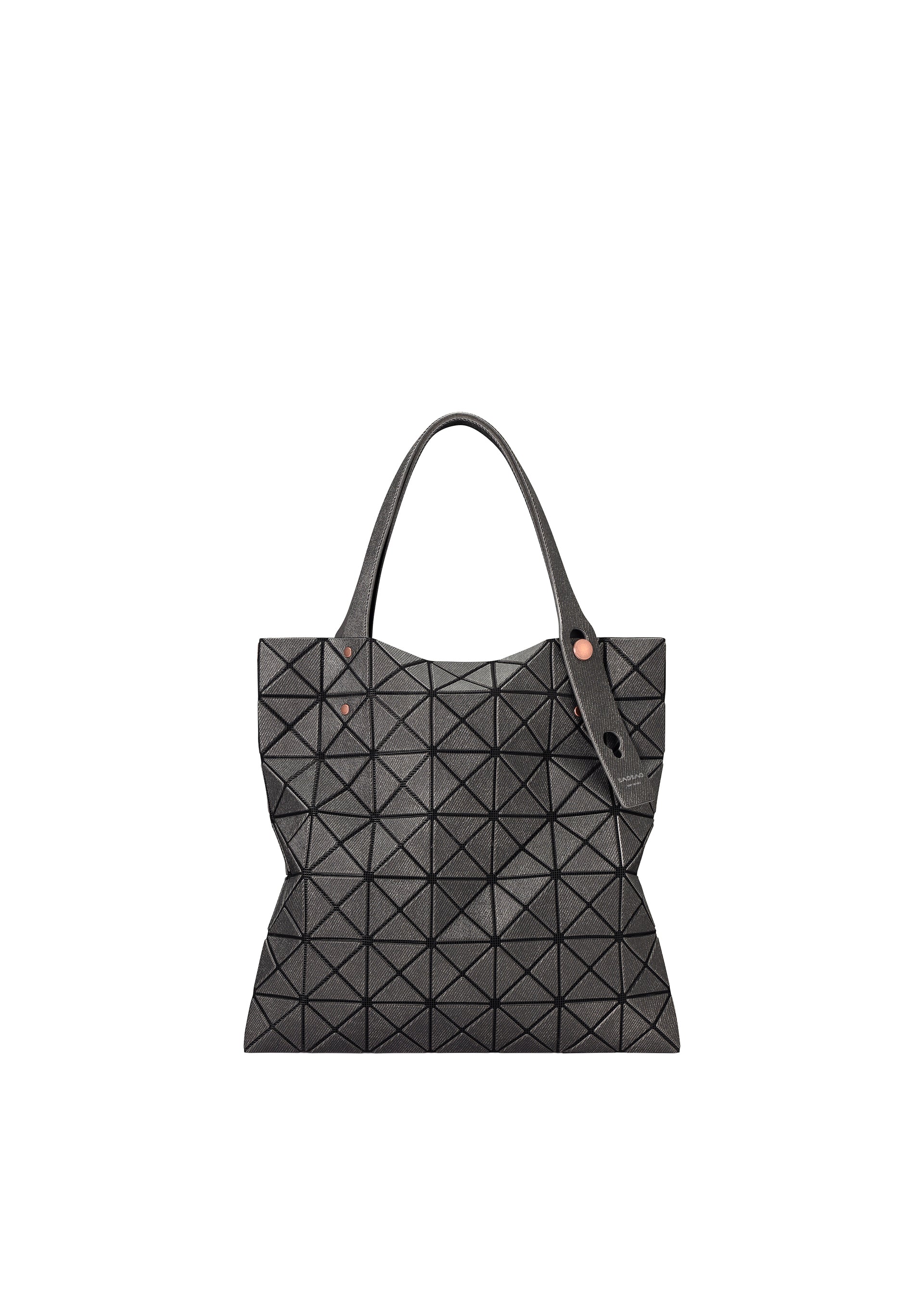 Zoomed view The BAO BAO ISSEY MIYAKE PRISM DENIM tote bag, in black with a grid of triangular shapes, two handles, and a zippered inner pocket, features a minimalist modern design and is shown on a white background. - BLACK （no.15）