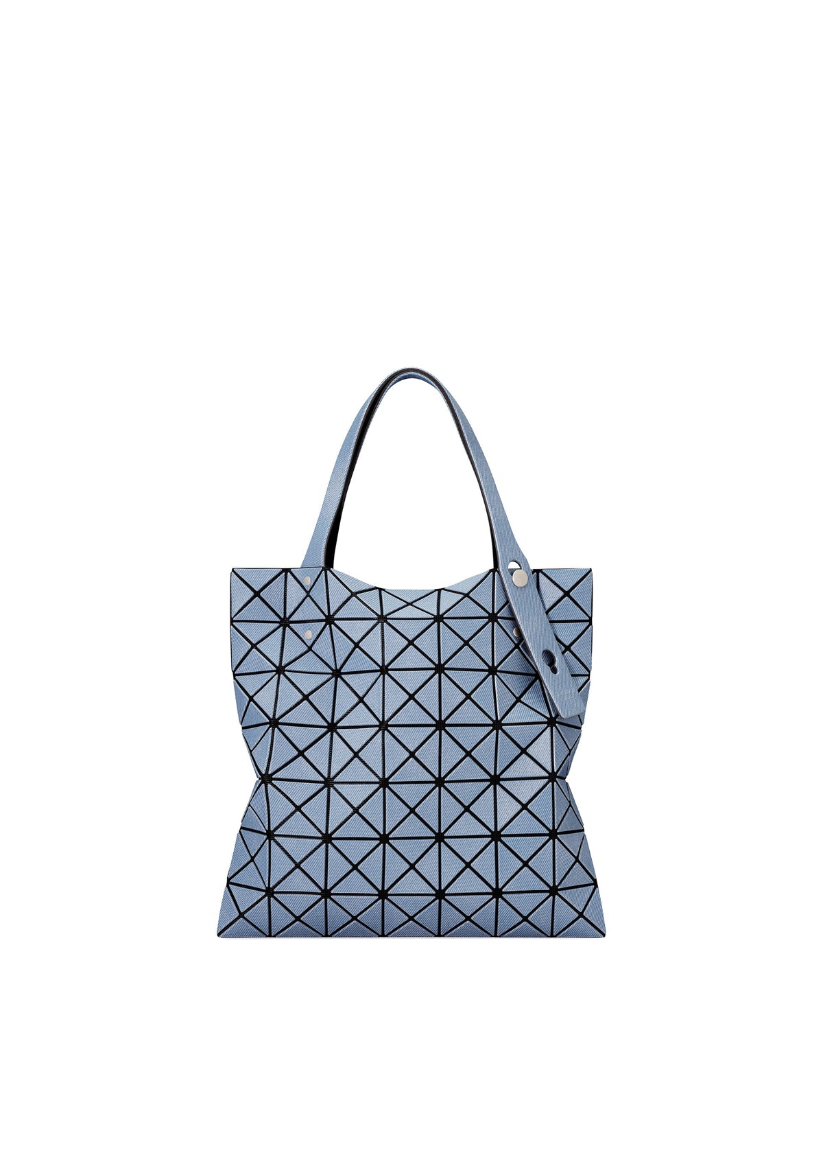 The PRISM DENIM tote bag by BAO BAO ISSEY MIYAKE features a blue geometric triangular pattern with black lines, two handles (one with a snap), a zippered inside pocket, and a modern minimalist design, shown on a white background. view 2 of 6