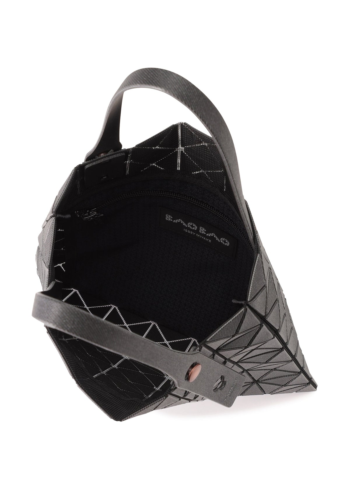 A black PRISM DENIM tote by BAO BAO ISSEY MIYAKE, featuring a textured exterior, single handle, open top, spacious unlined interior, and a small internal zip pocket. view 4 of 6