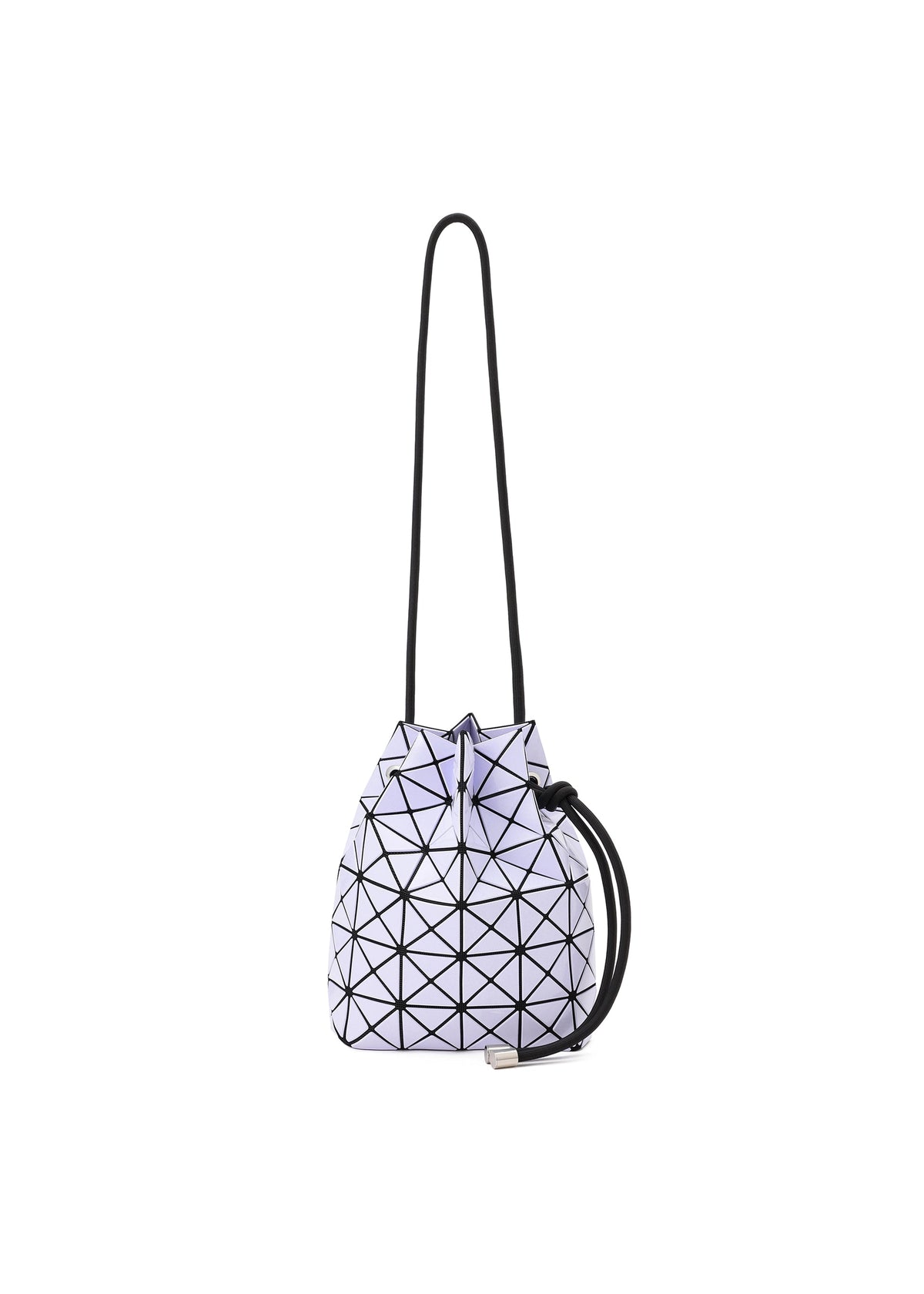 The WRING GLOSS by BAO BAO ISSEY MIYAKE is a light purple shoulder bag with a modern geometric triangular grid on enamel, a long black strap, drawstring closure, and white background. view 3 of 8