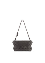 The LOOP ONE-TONE by BAO BAO ISSEY MIYAKE is a black geometric-patterned shoulder bag with a textured surface and a single knotted, adjustable strap, shown against a white background. - CHARCOAL (no.18)