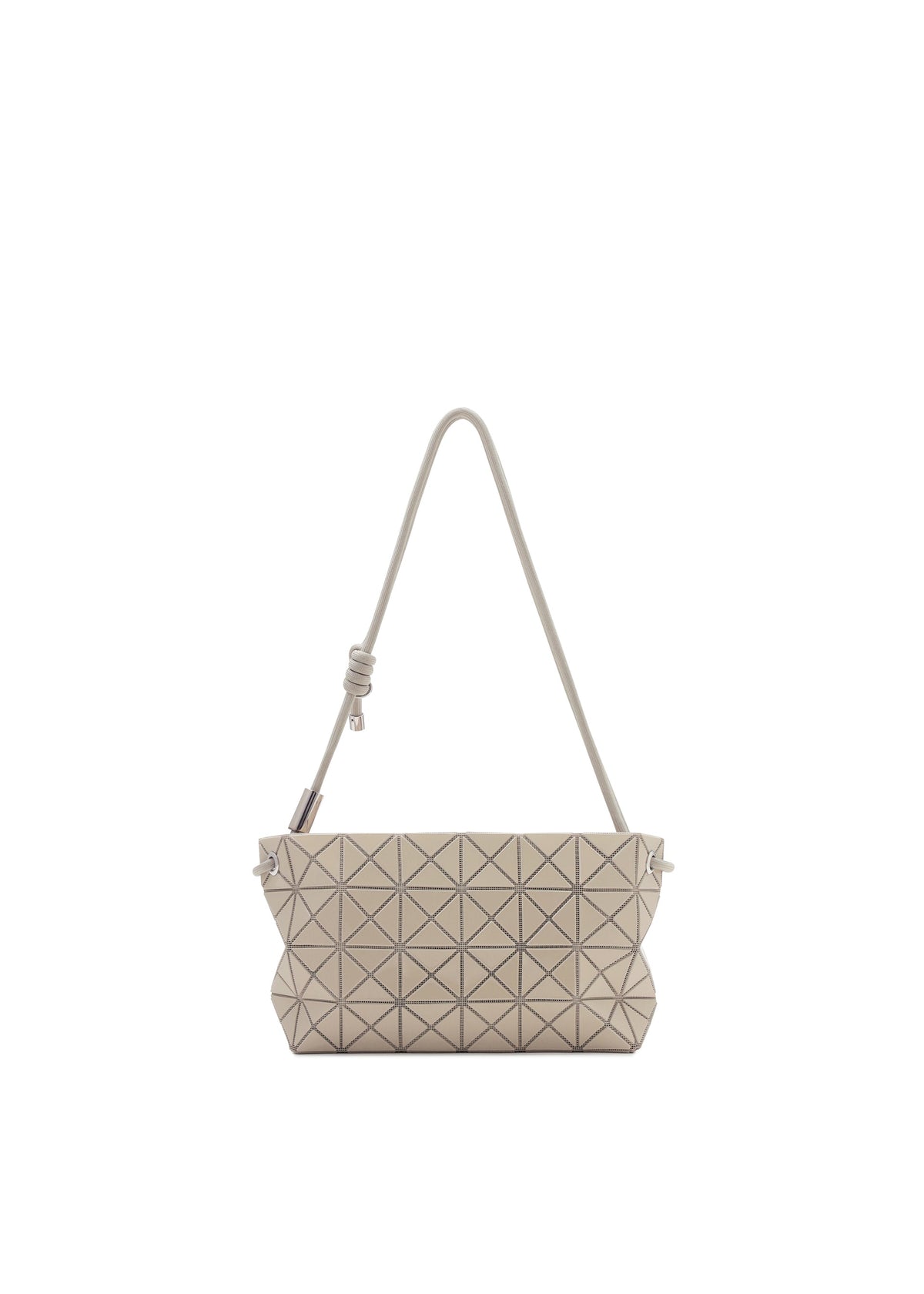 The BAO BAO ISSEY MIYAKE LOOP ONE-TONE is a beige geometric shoulder bag with a triangular pattern, rectangular shape, and an adjustable strap with a knot detail, shown against a white background. view 3 of 7