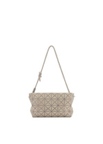 The BAO BAO ISSEY MIYAKE LOOP ONE-TONE is a beige geometric shoulder bag with a triangular pattern, rectangular shape, and an adjustable strap with a knot detail, shown against a white background. - SAND BEIGE (no.47)